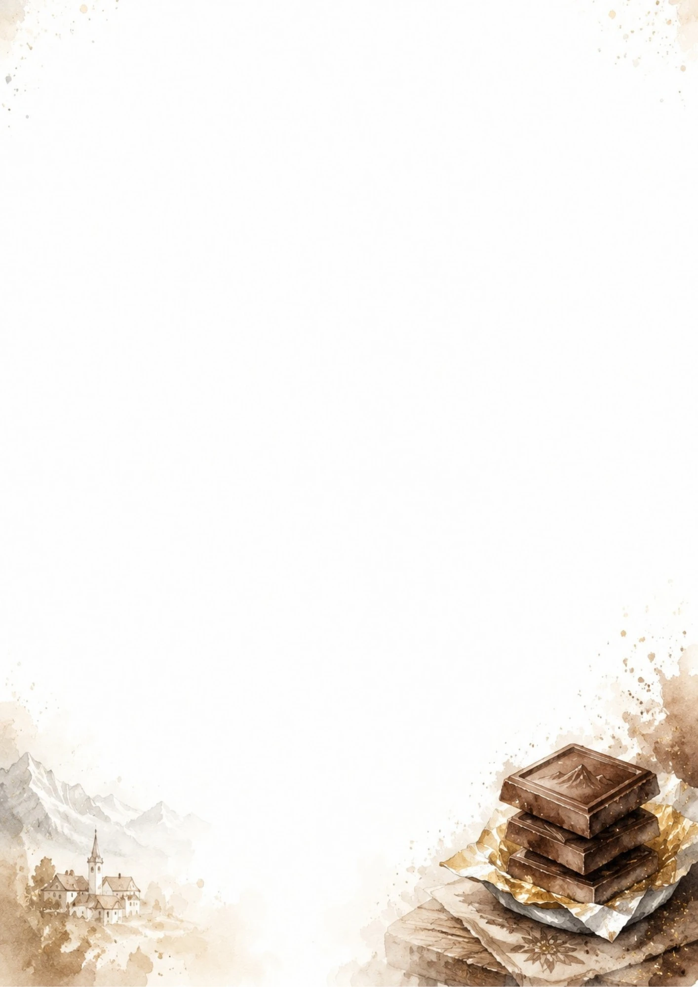 A watercolor painting of a stack of chocolate bars on gold foil next to a small Swiss village.
