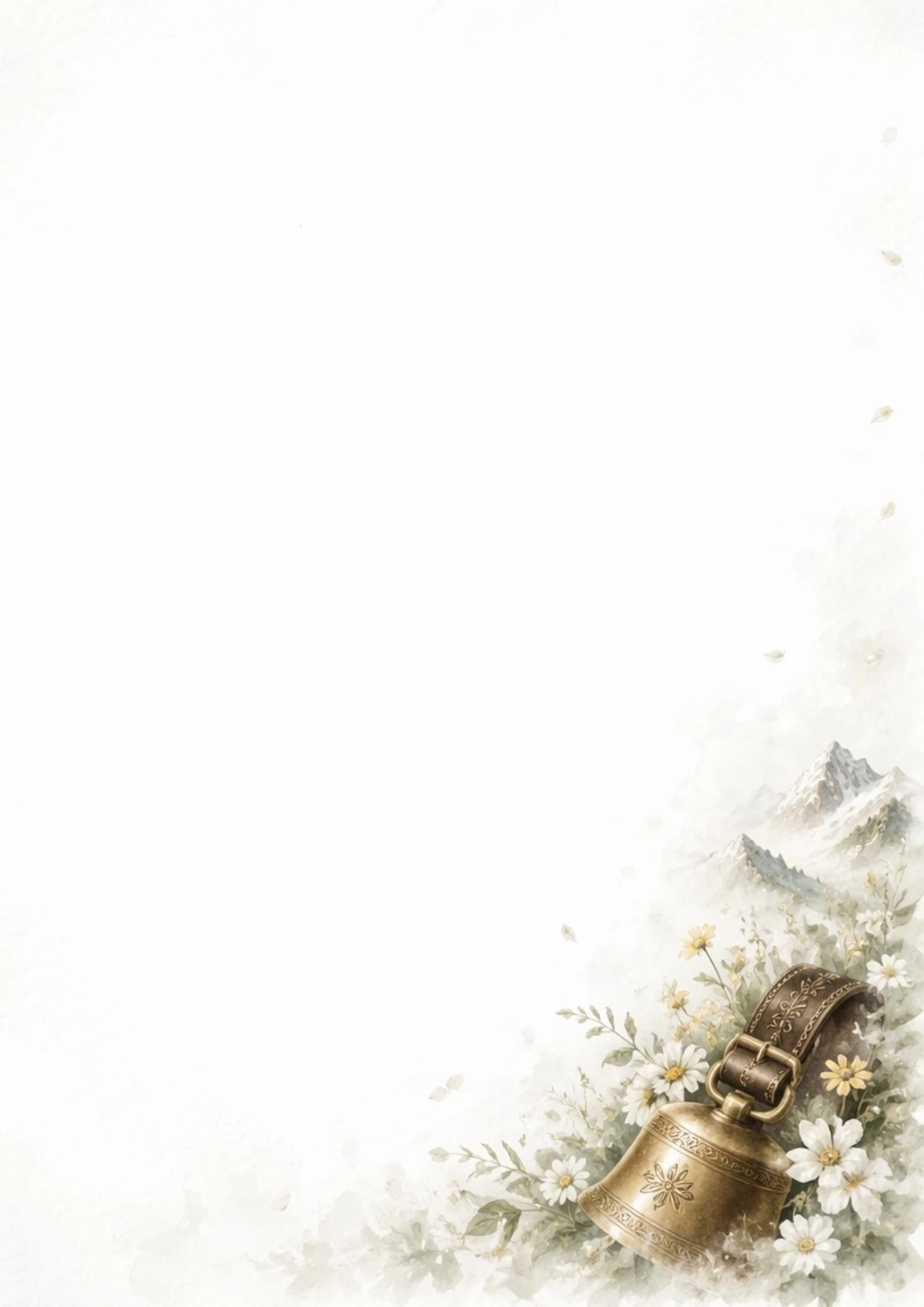 A watercolor border showing a brass cowbell on a leather strap surrounded by white daisies and snowy mountain peaks.