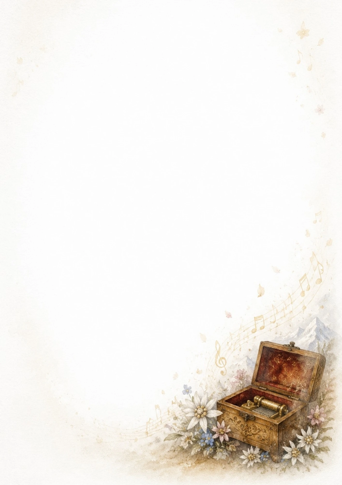A watercolor painting of an open wooden music box with golden notes rising among Edelweiss flowers.