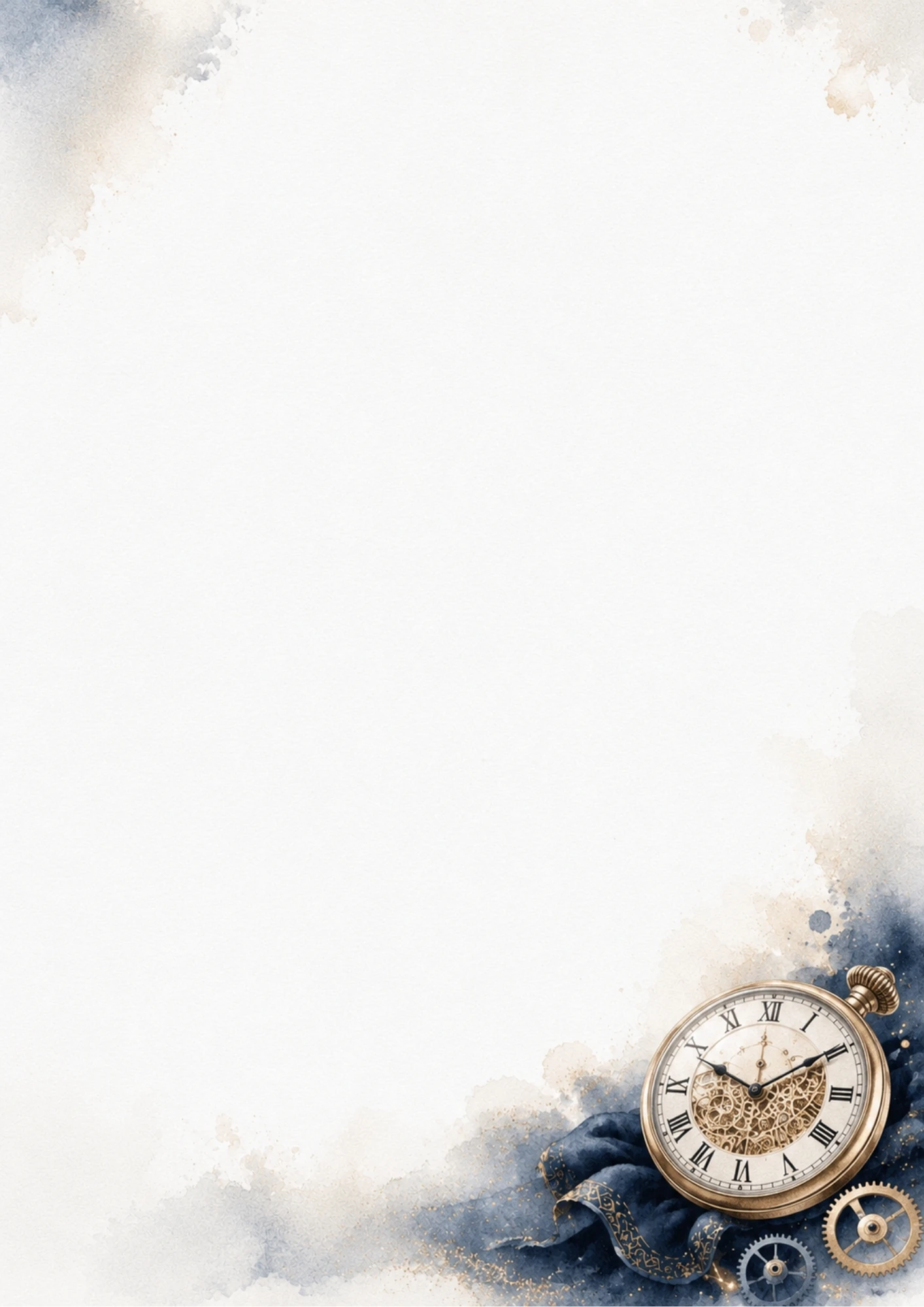 A watercolor drawing of a golden pocket watch with visible internal gears sitting on blue cloth.