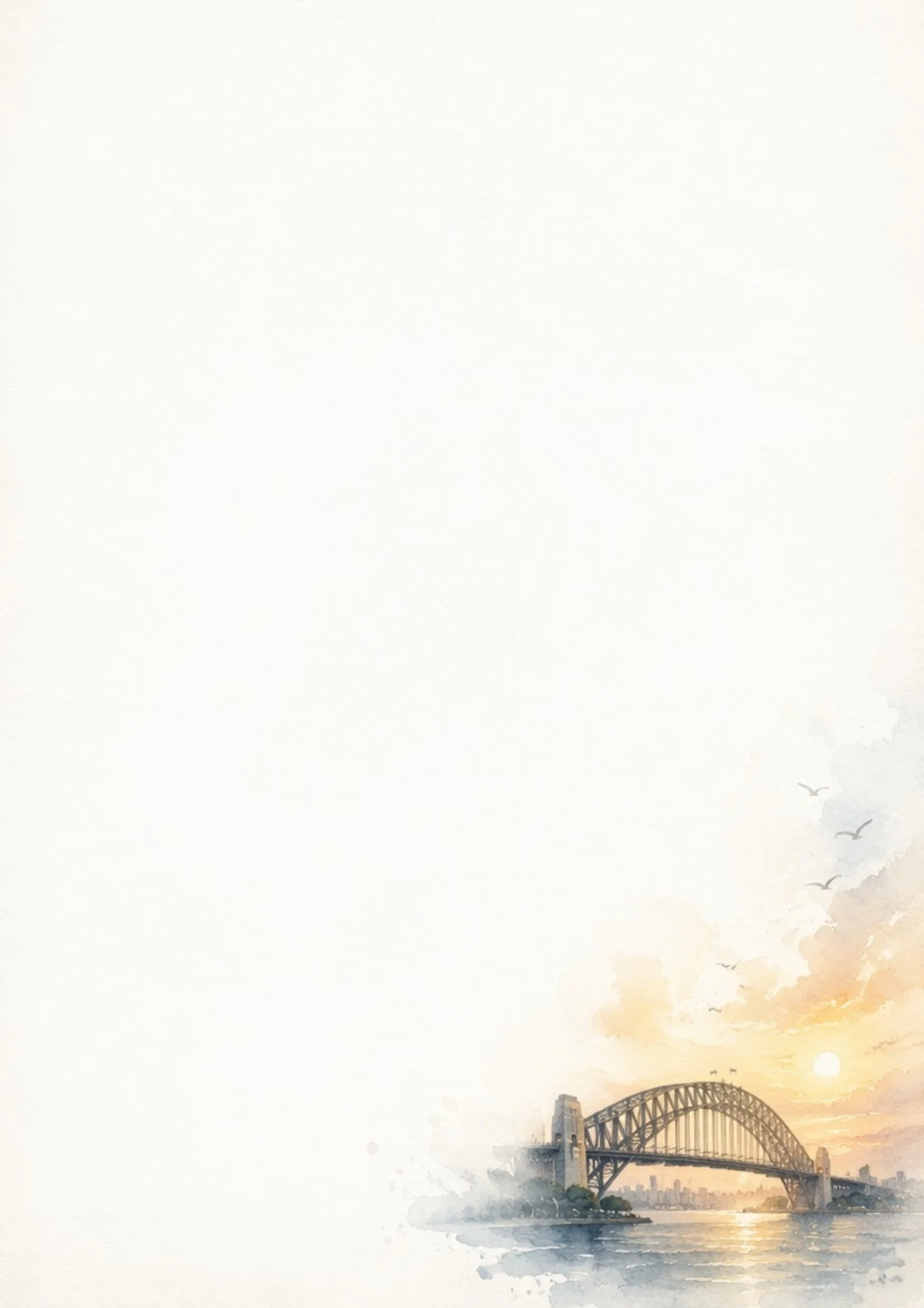 The Sydney Harbour Bridge illustrated in soft watercolor during a golden sunset with birds flying in the warm sky.
