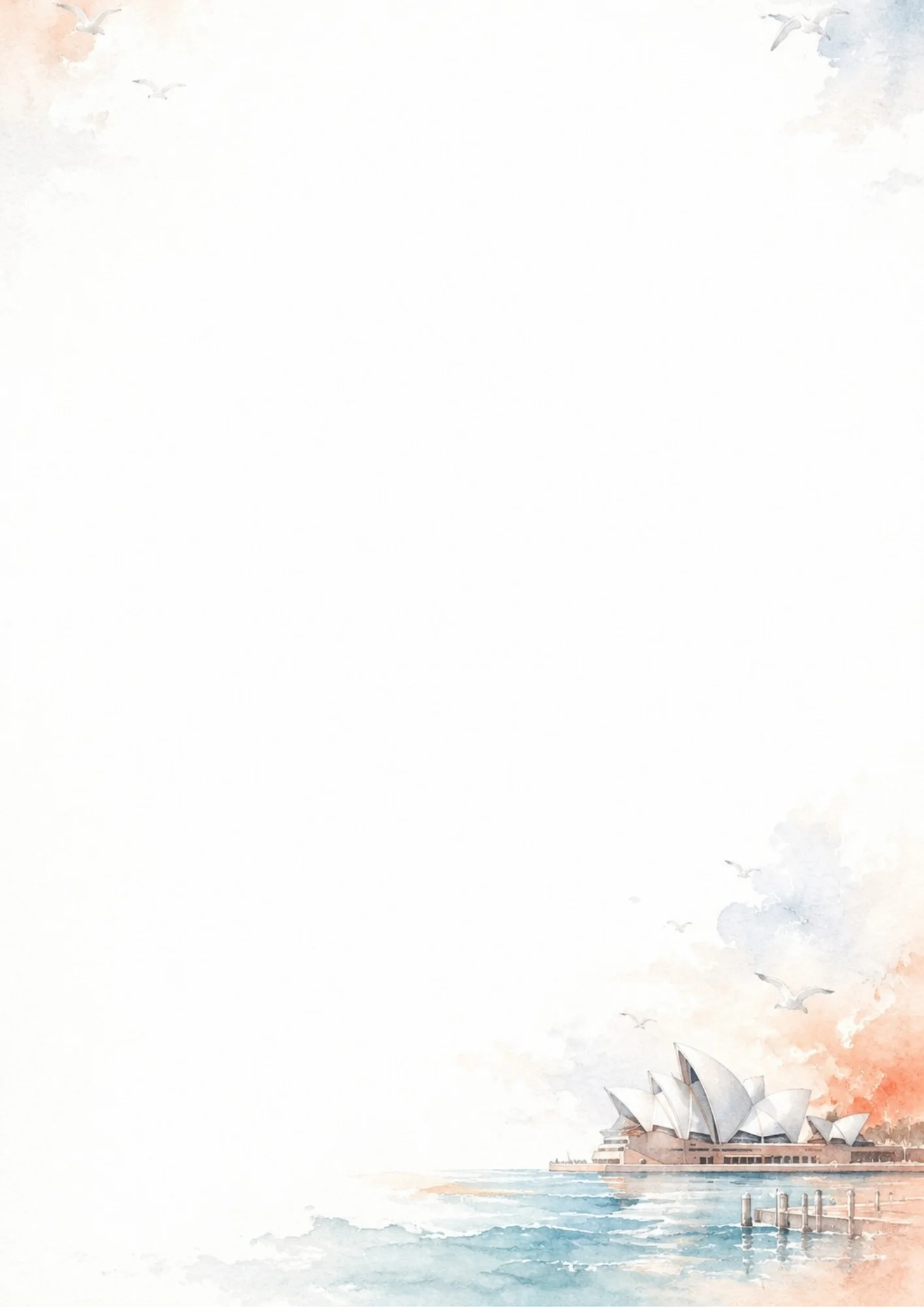 The iconic white sails of the Sydney Opera House on the water with pink and orange watercolor clouds and flying seagulls.