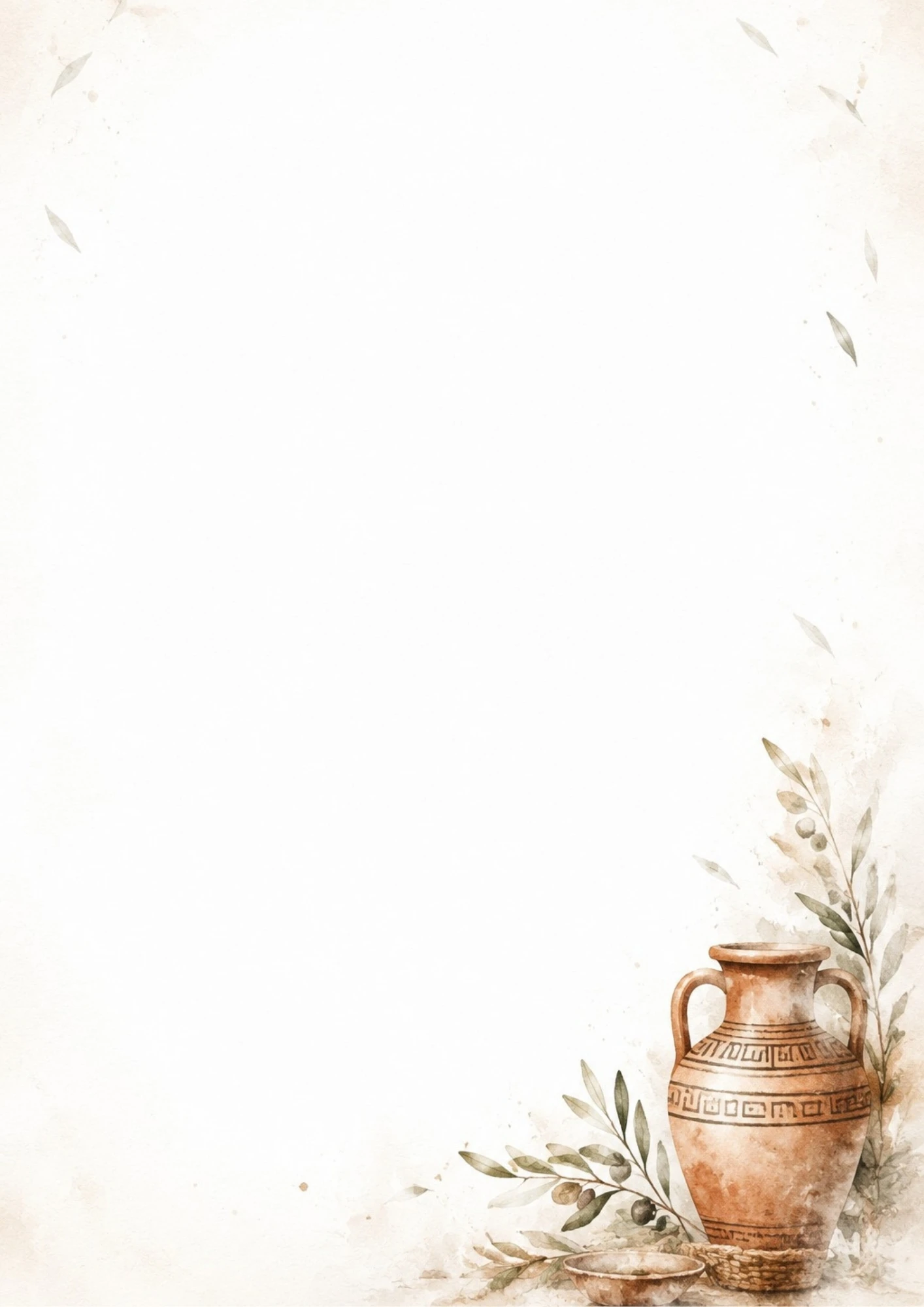 A watercolor illustration of an ancient Greek terracotta clay urn decorated with patterns and surrounded by olive branches.