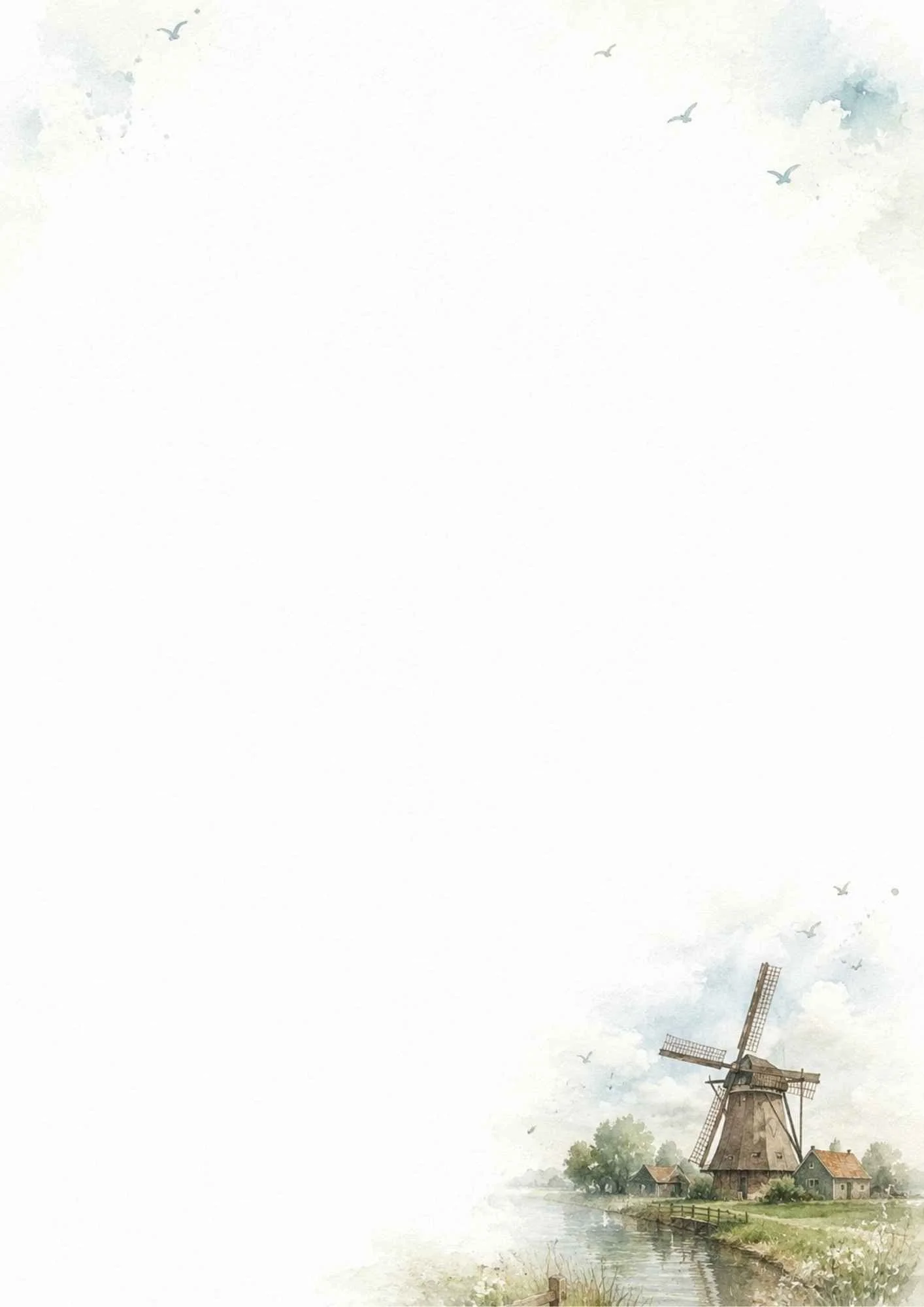 Watercolor painting of a traditional Dutch windmill standing on a grassy canal bank with birds flying in a cloudy sky.