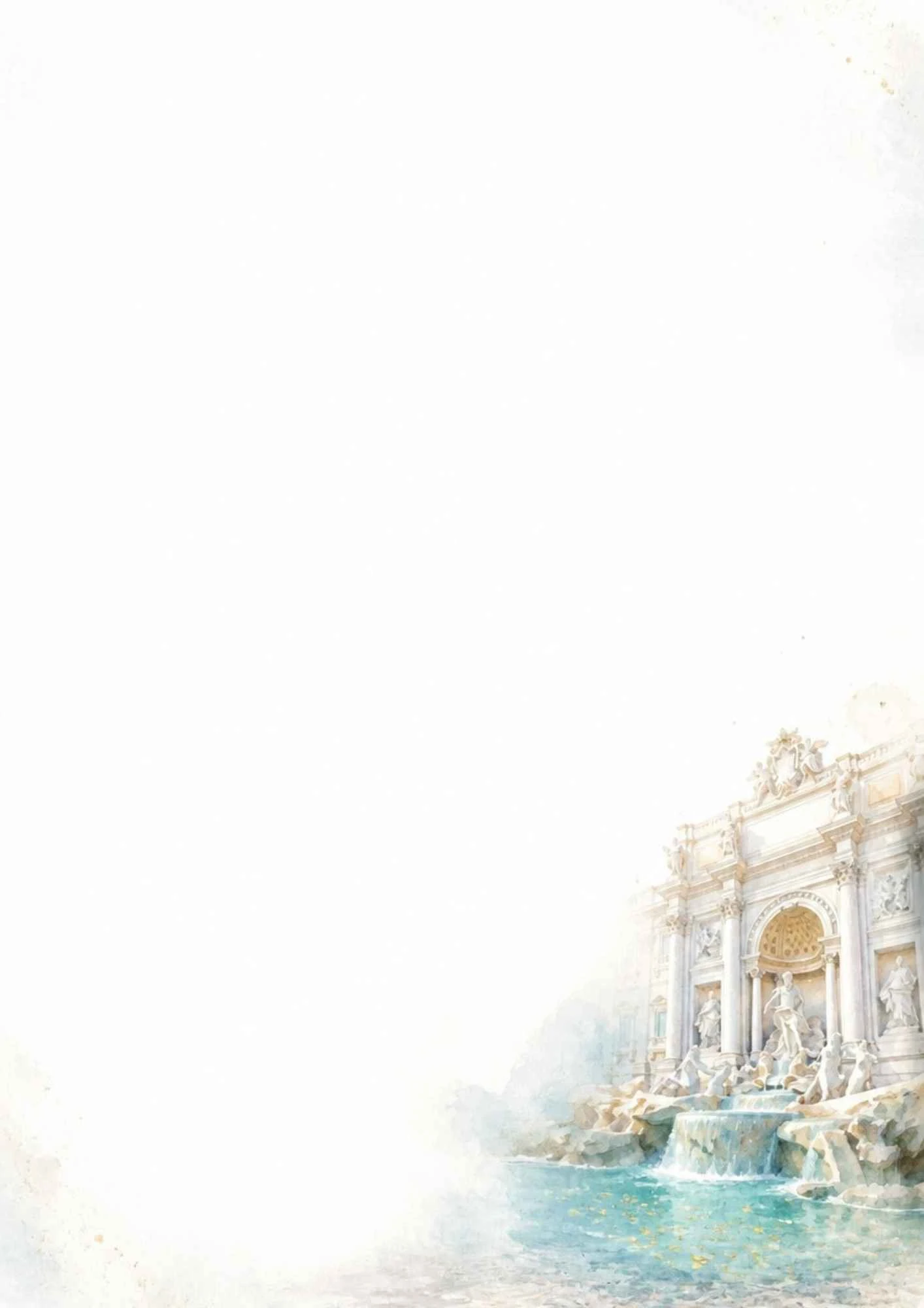 A watercolor painting of the Trevi Fountain in Rome at the bottom right corner of a white paper.