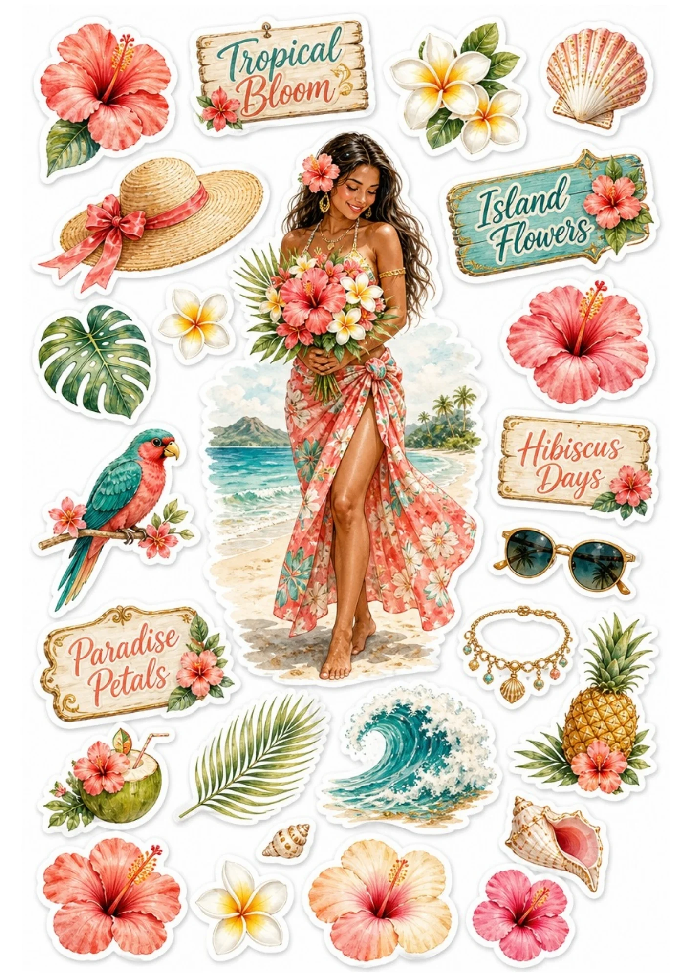 Tropical beach sticker sheet featuring a girl with a hibiscus bouquet, a colorful parrot, a pineapple, and sunglasses