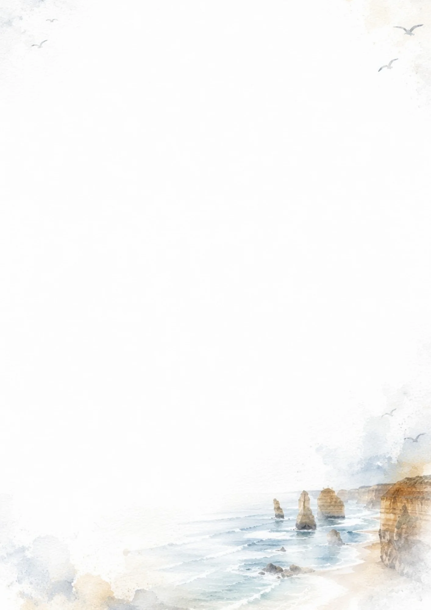 Limestone stacks of the Twelve Apostles standing in a blue ocean with waves crashing against sandy cliffs under a cloudy watercolor sky.