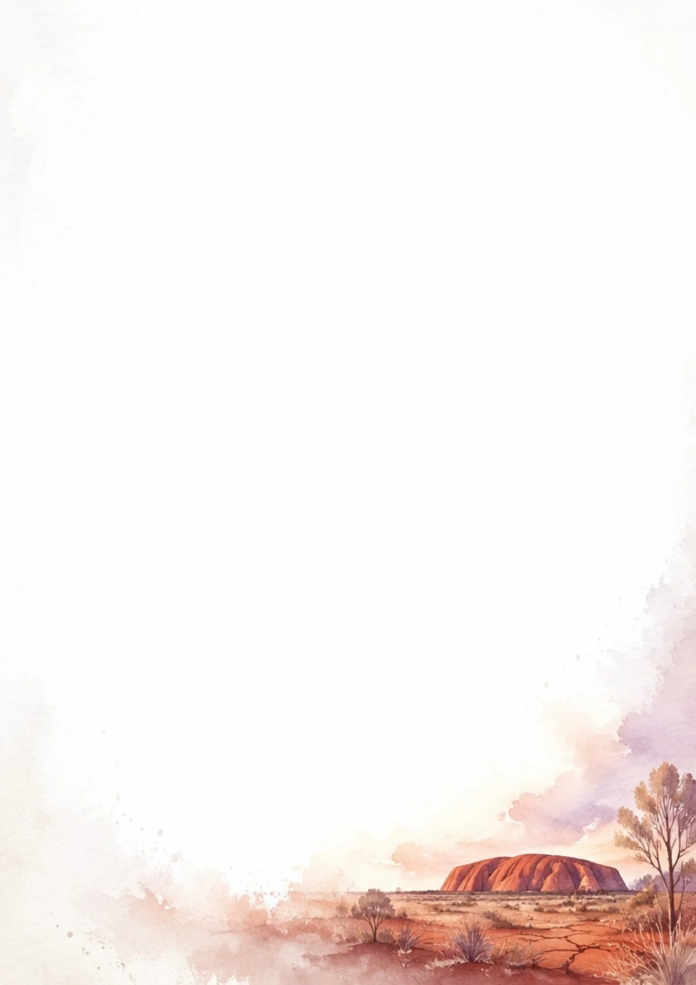 A watercolor painting of Uluru rising from a dry cracked red dirt desert with a single tree and soft purple sunset clouds.