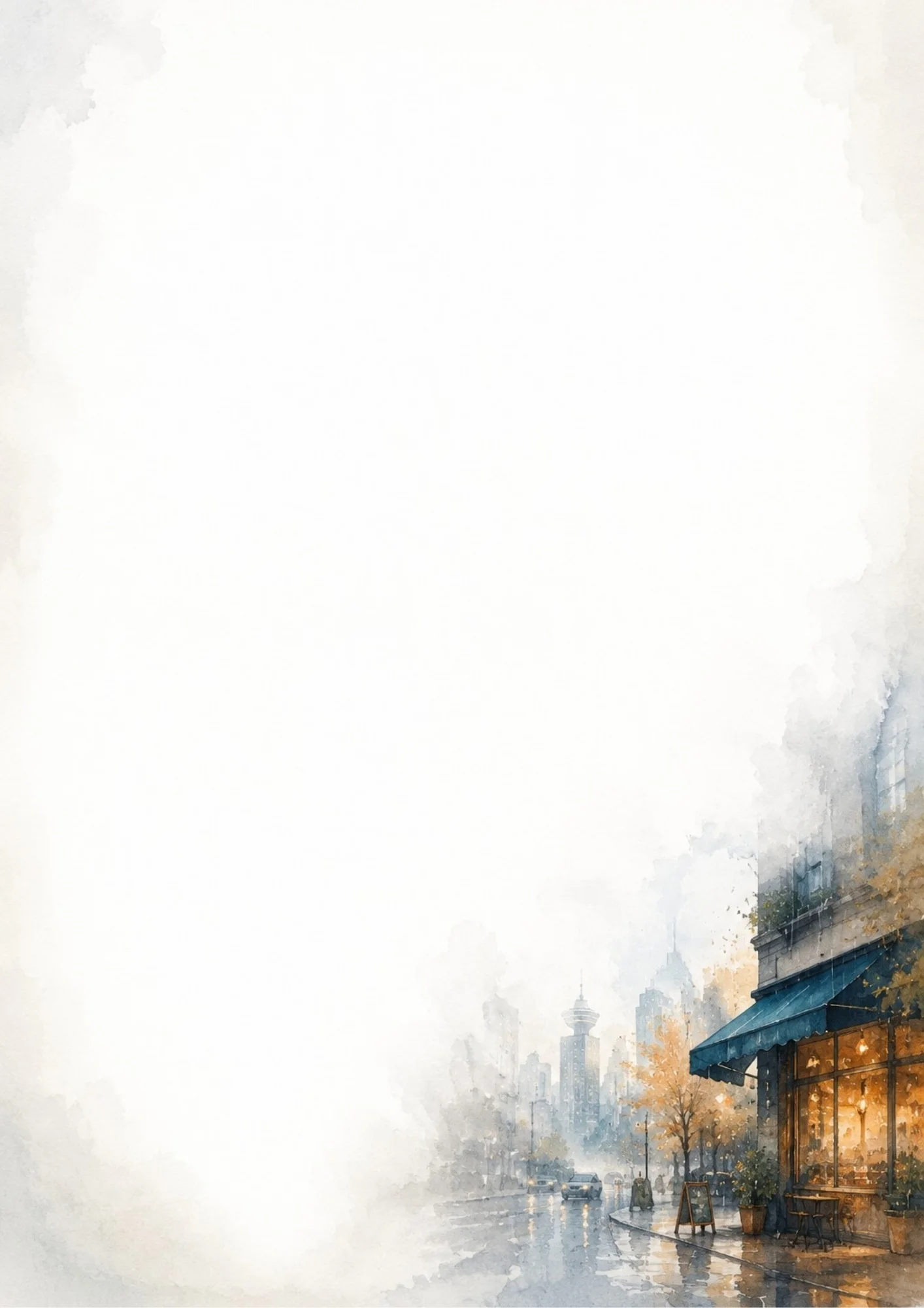 Watercolor digital paper depicting a cozy street corner cafe with a blue awning and warm glowing lights, along a wet street reflecting city lights, with an autumn tree and the Vancouver Lookout tower in the misty background.