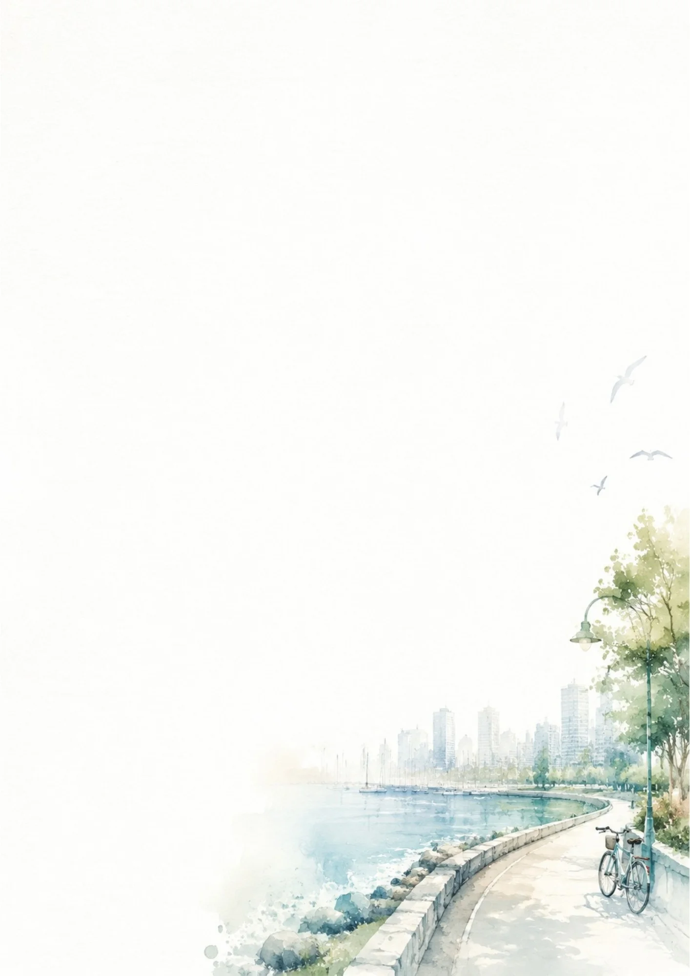 Watercolor digital paper showing a bicycle parked along the seawall path on the right under a green tree and lamp post, with the city skyline and sailboat marina across the blue water.