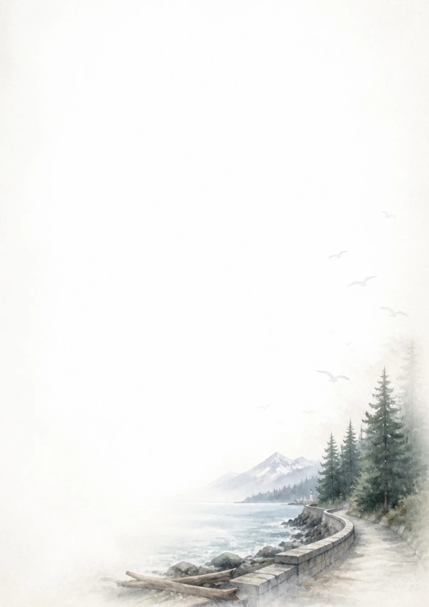 Watercolor digital paper showing the Vancouver seawall walkway curving along the water, lined with evergreen pine trees, snow-capped mountains in the foggy distance, a distant lighthouse, and seagulls flying in a soft off-white sky.