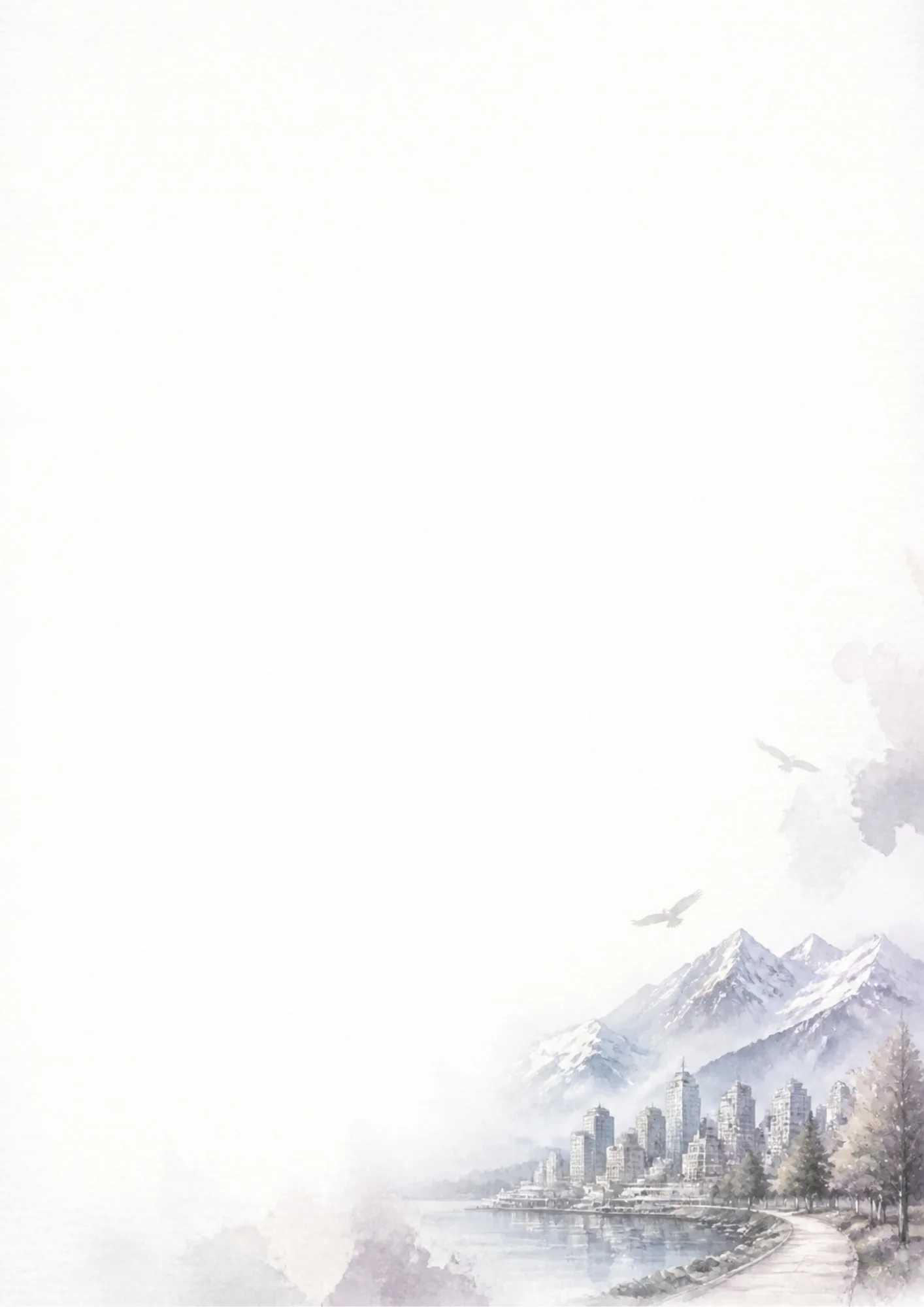 Watercolor digital paper depicting the downtown Vancouver city skyline along the water, with massive snow-covered mountain peaks towering directly behind the high-rises, eagles soaring overhead, and a curved coastal path in the bottom right corner in soft lavender and blue tones.
