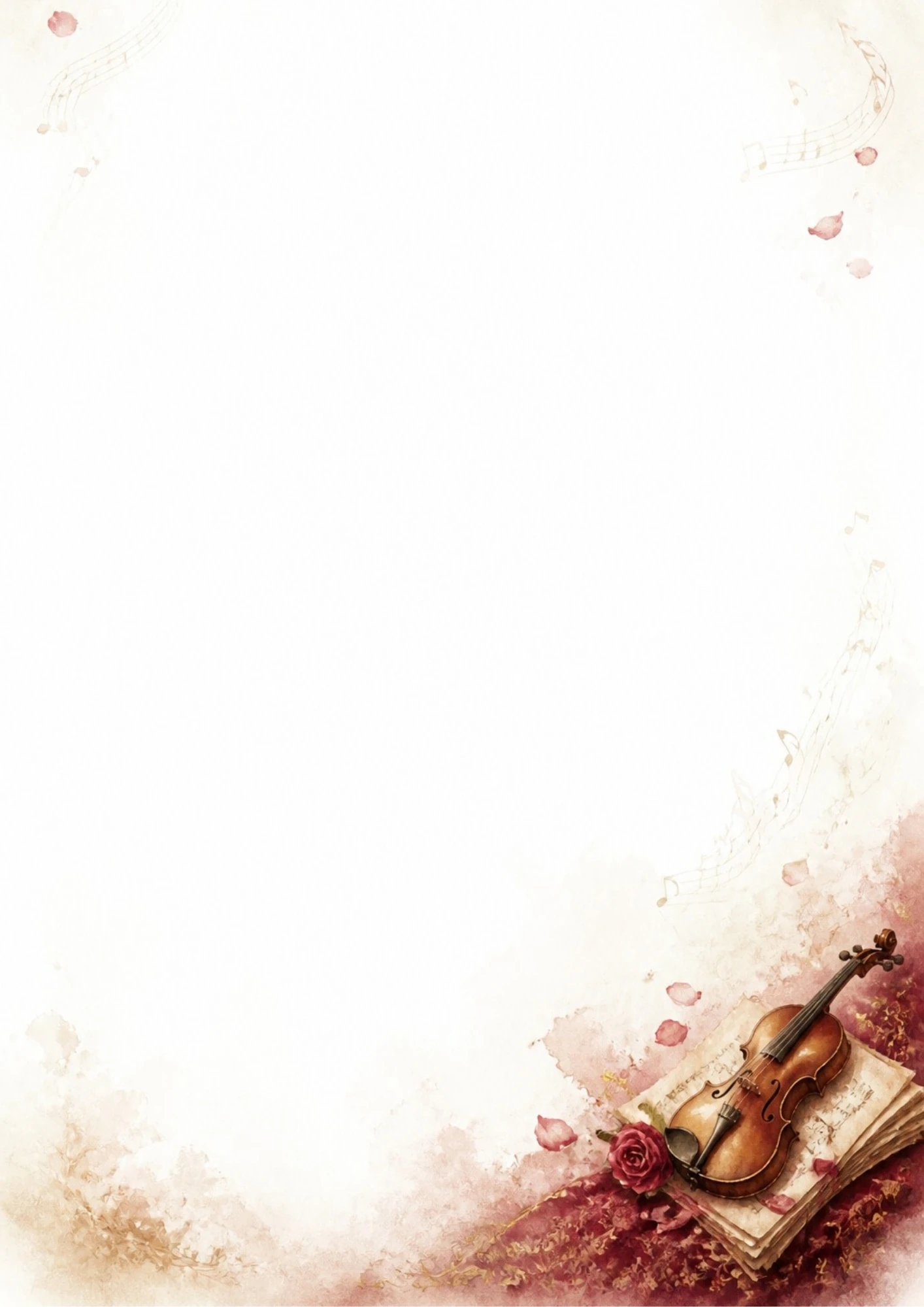 A watercolor illustration of a wooden violin resting on sheets of music next to a red rose and floating musical notes.