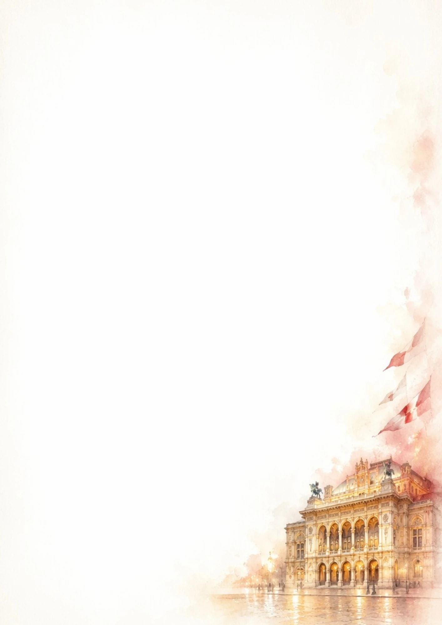 A watercolor of the grand Vienna State Opera house illuminated at night with red and white Austrian flags waving.