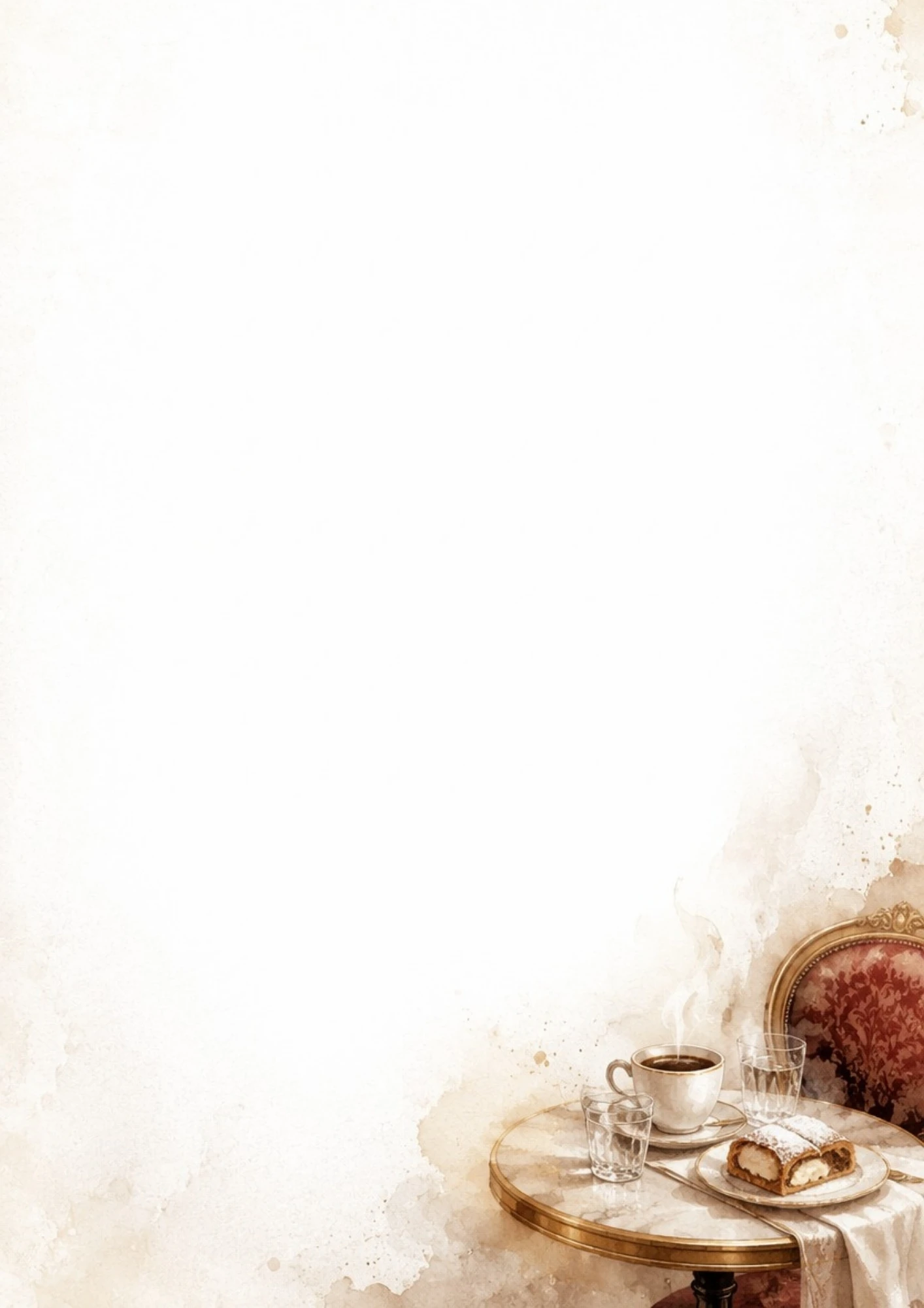 A watercolor image of a marble café table set with a cup of hot coffee, a glass of water, apple strudel, and a red upholstered chair.