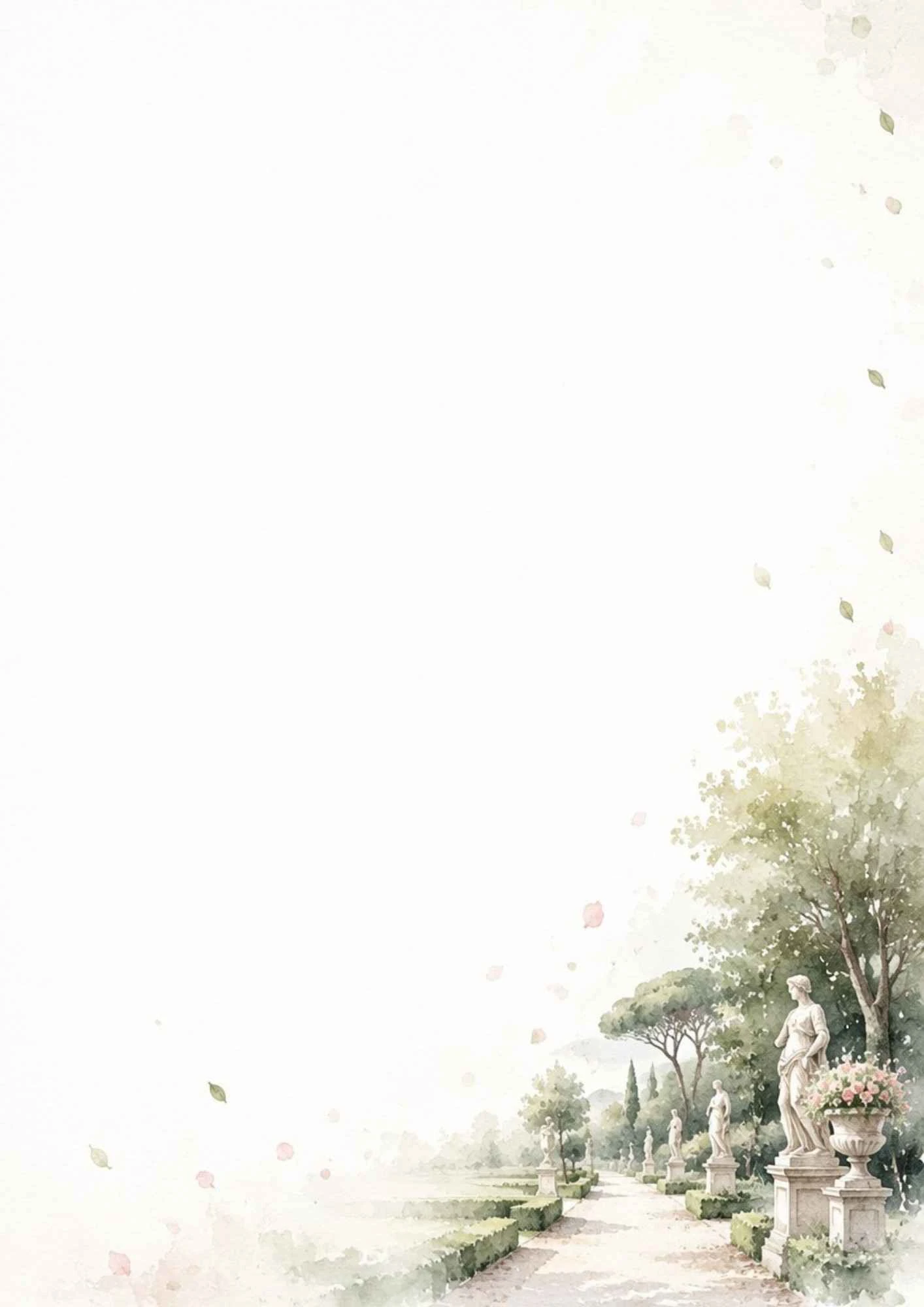 A watercolor painting of a pathway in Villa Borghese gardens lined with marble statues and pine trees.