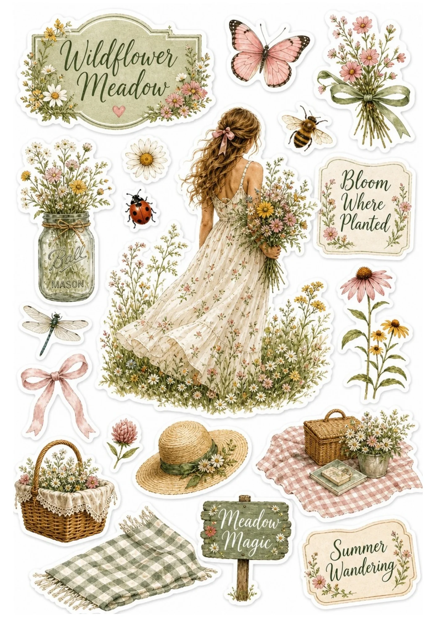 Wildflower meadow sticker sheet showing a girl in a flowered dress, a picnic basket on a checkered blanket, and wildflower bouquets