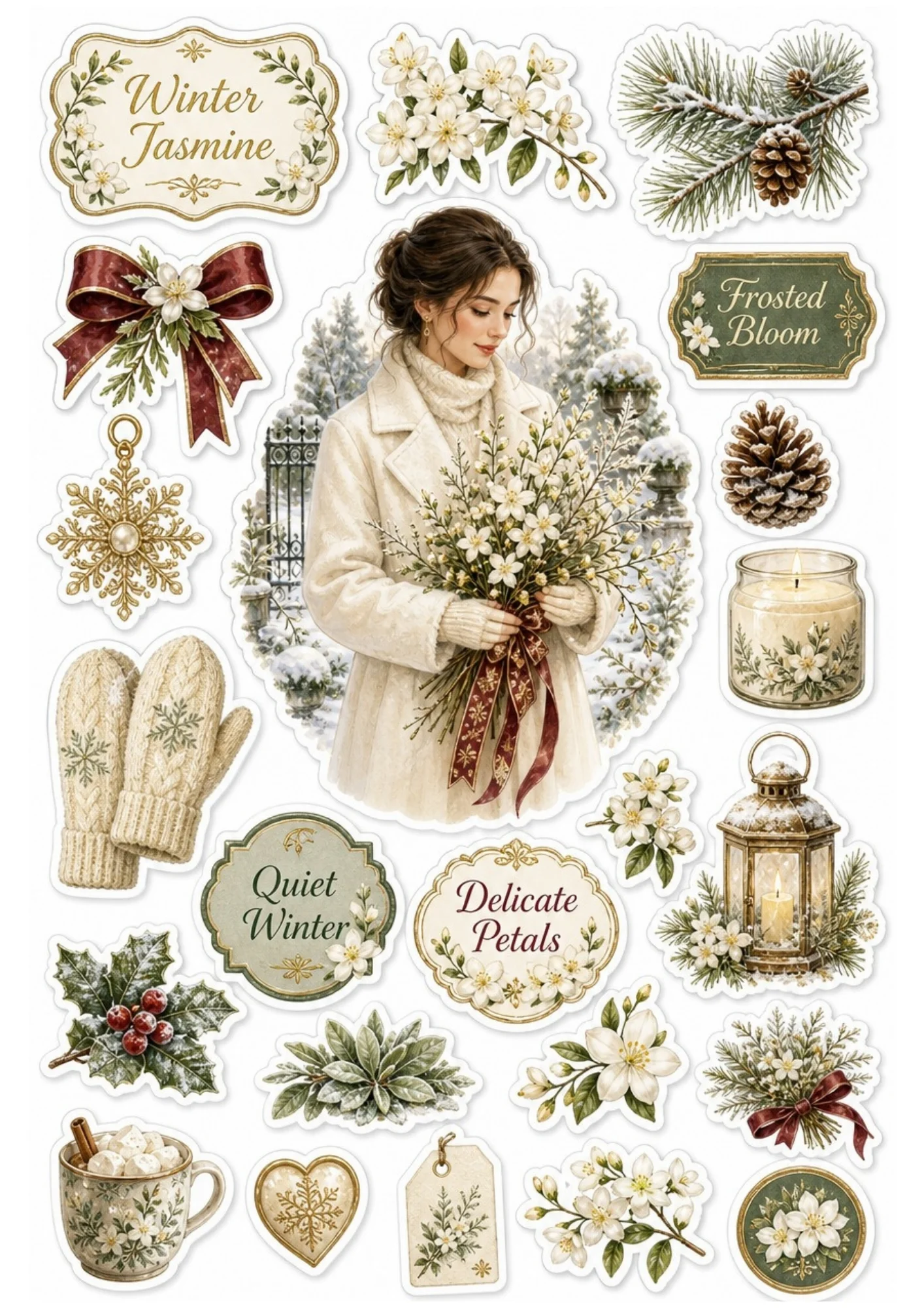 Winter jasmine themed sticker sheet featuring a girl in a cream coat holding white jasmine flowers, beige mittens, and hot cocoa