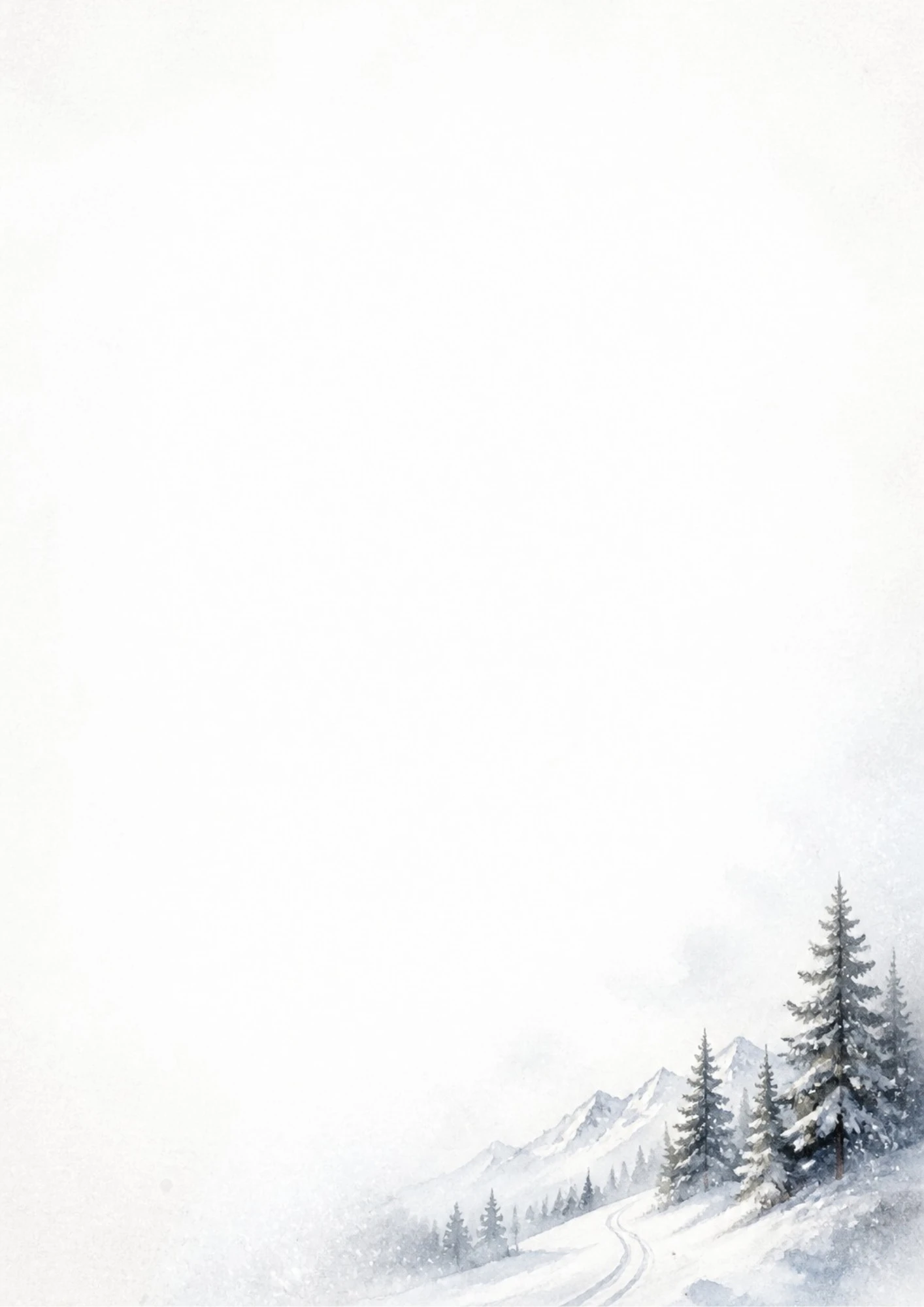 A watercolor scene of snow-covered pine trees and ski tracks in a quiet alpine forest.