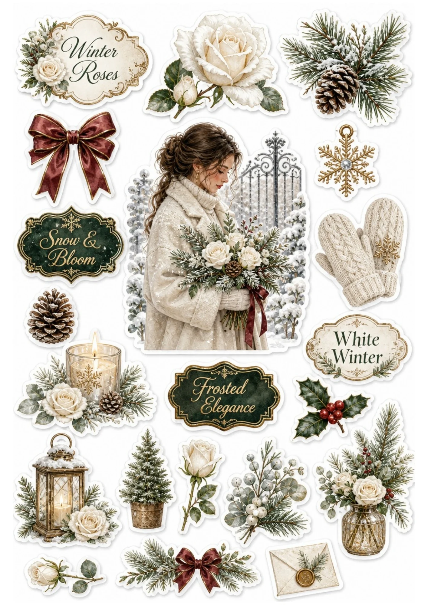 White winter sticker sheet showing a girl in a cream coat with a white rose bouquet, lanterns, winter roses, and a sealed envelope