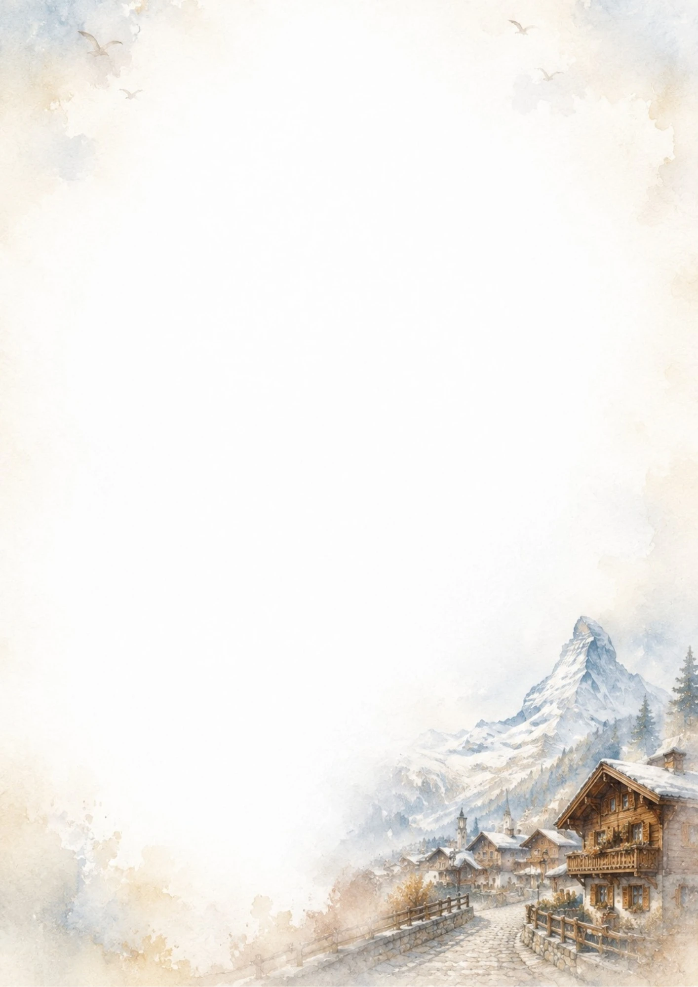 A watercolor drawing of snow-covered chalets in Zermatt village with the Matterhorn peak behind.