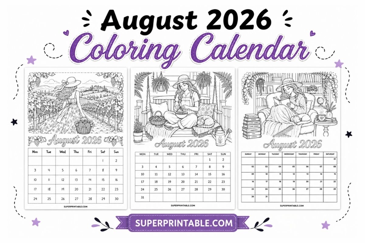 19 Free August 2026 Coloring Calendar Collection
