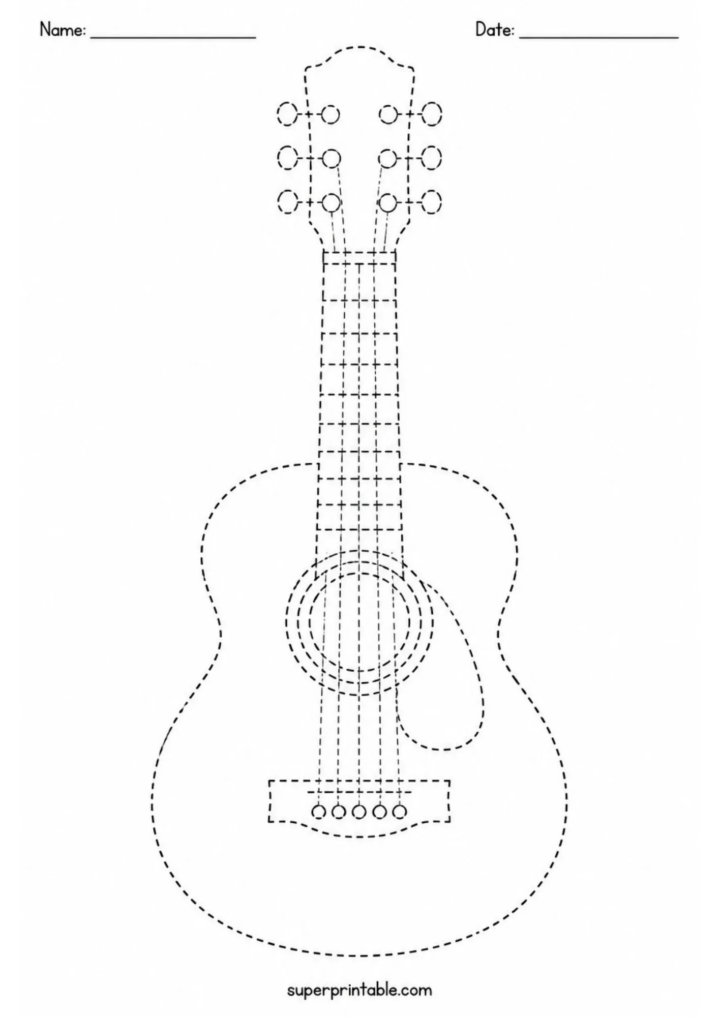 Tracing worksheet featuring an acoustic guitar with dotted outlines for fine motor skill practice.