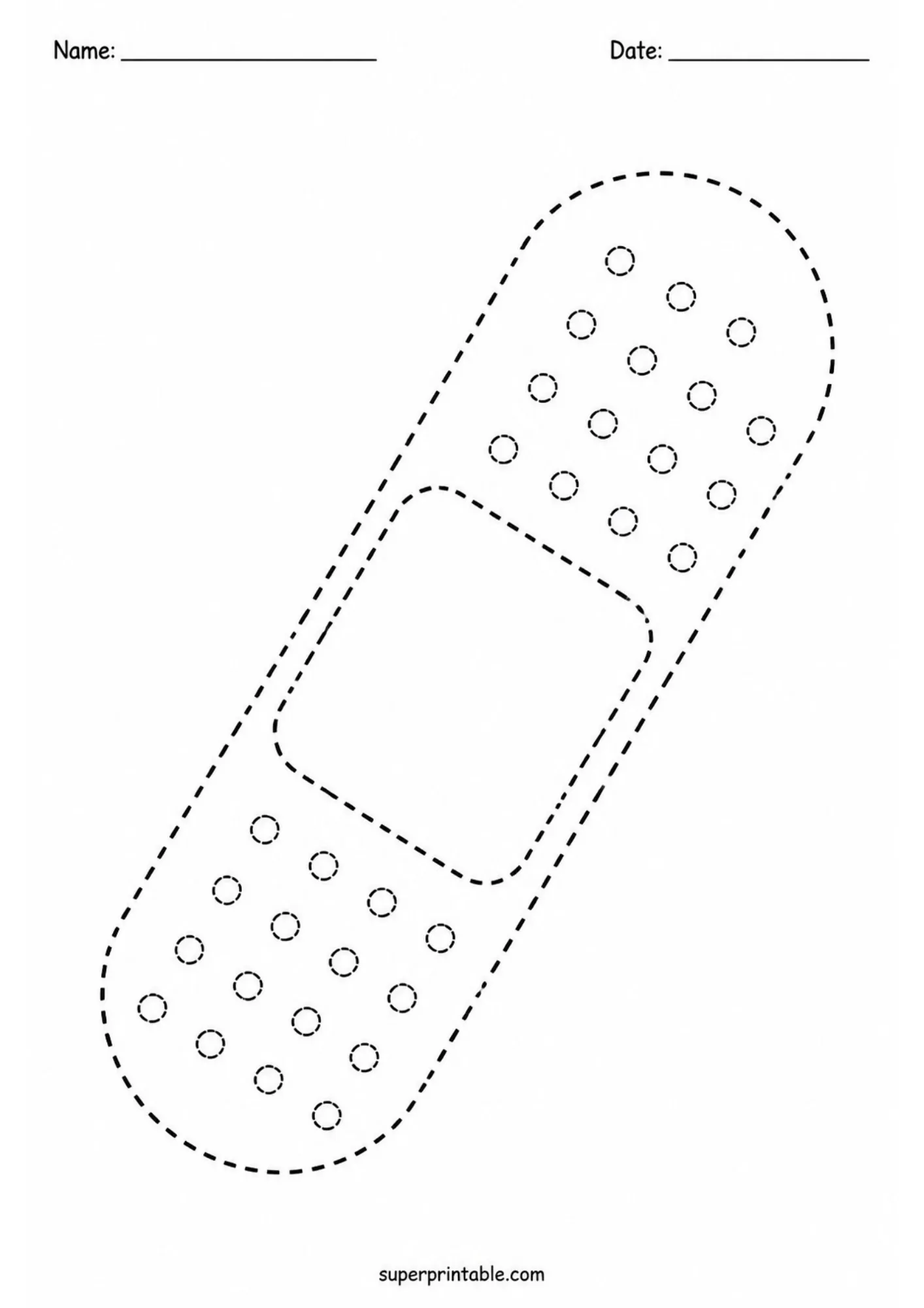 Simple line tracing activity sheet of a medical adhesive bandage strip with dotted dots.