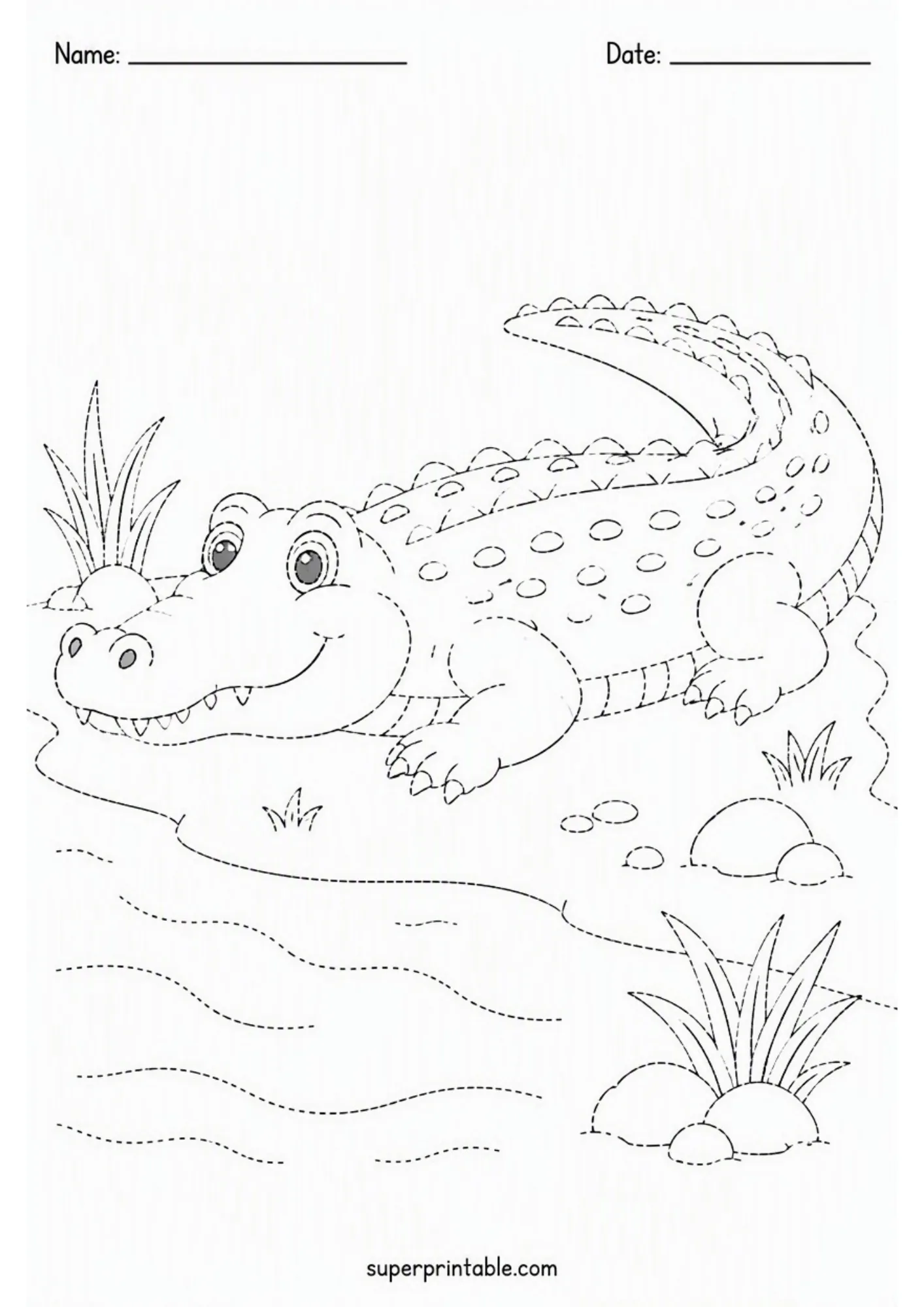 Friendly crocodile near water ripple lines activity tracing sheet for young kids.