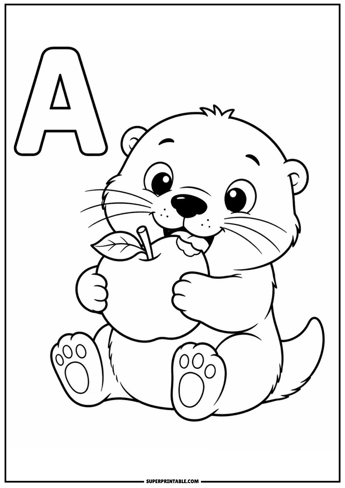 Cute cartoon otter holding a large apple next to letter A on animal alphabet coloring pages.