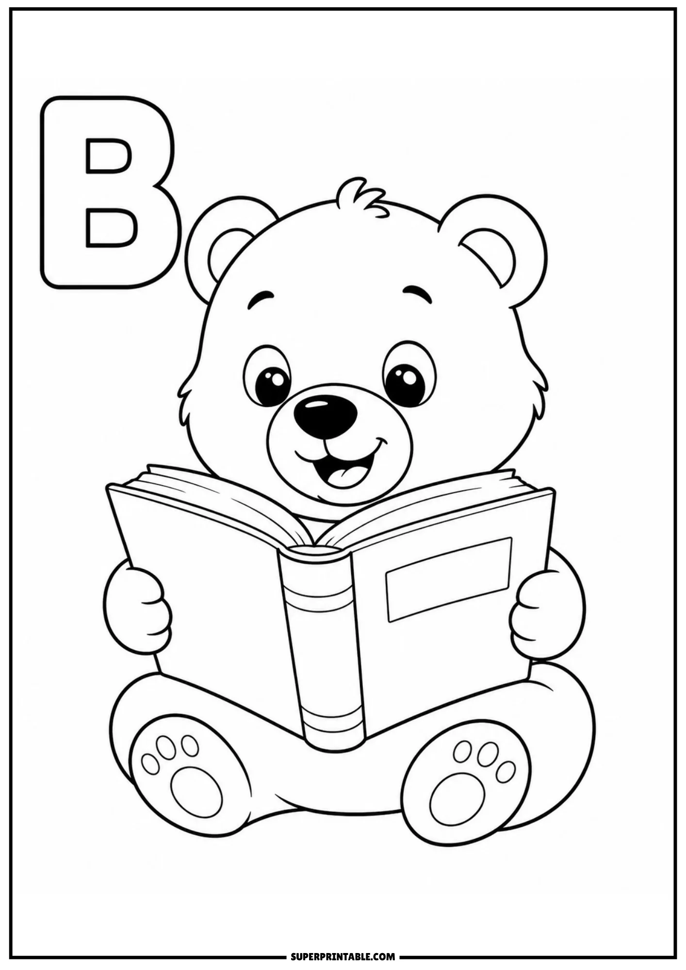 Adorable bear cub sitting down while reading an open book beside the capital letter B.