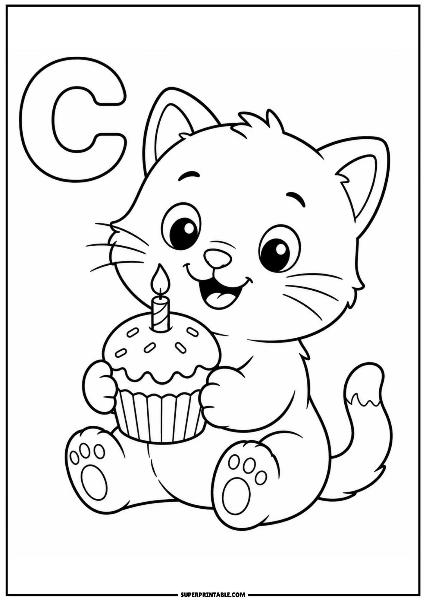 Friendly cartoon cat sitting down with a festive cupcake topped with a candle next to letter C.