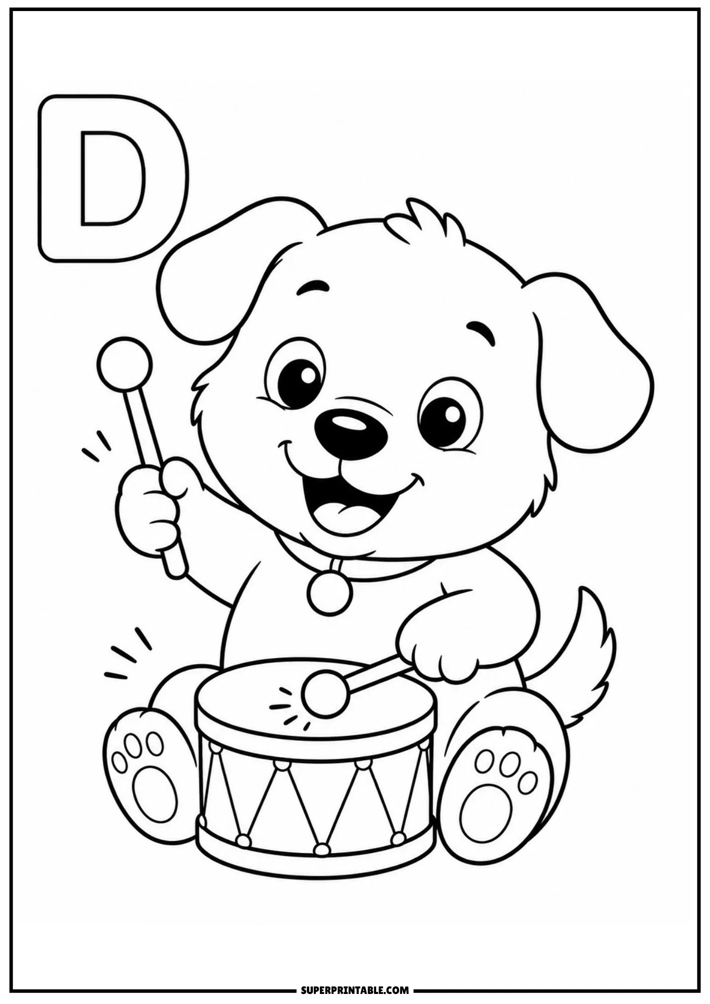 Playful puppy sitting down while beating a toy drum with sticks beside the capital letter D.