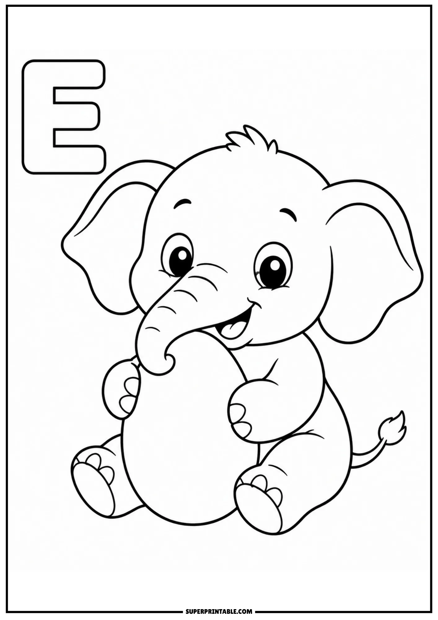 Cute baby elephant holding a large egg with its paws and trunk near letter E.