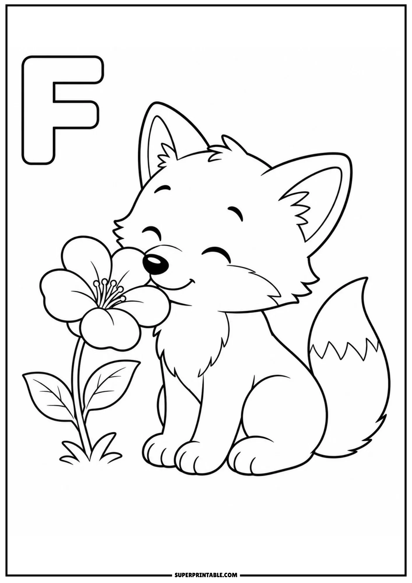Sweet little fox sitting down and smelling a blooming flower next to the letter F.
