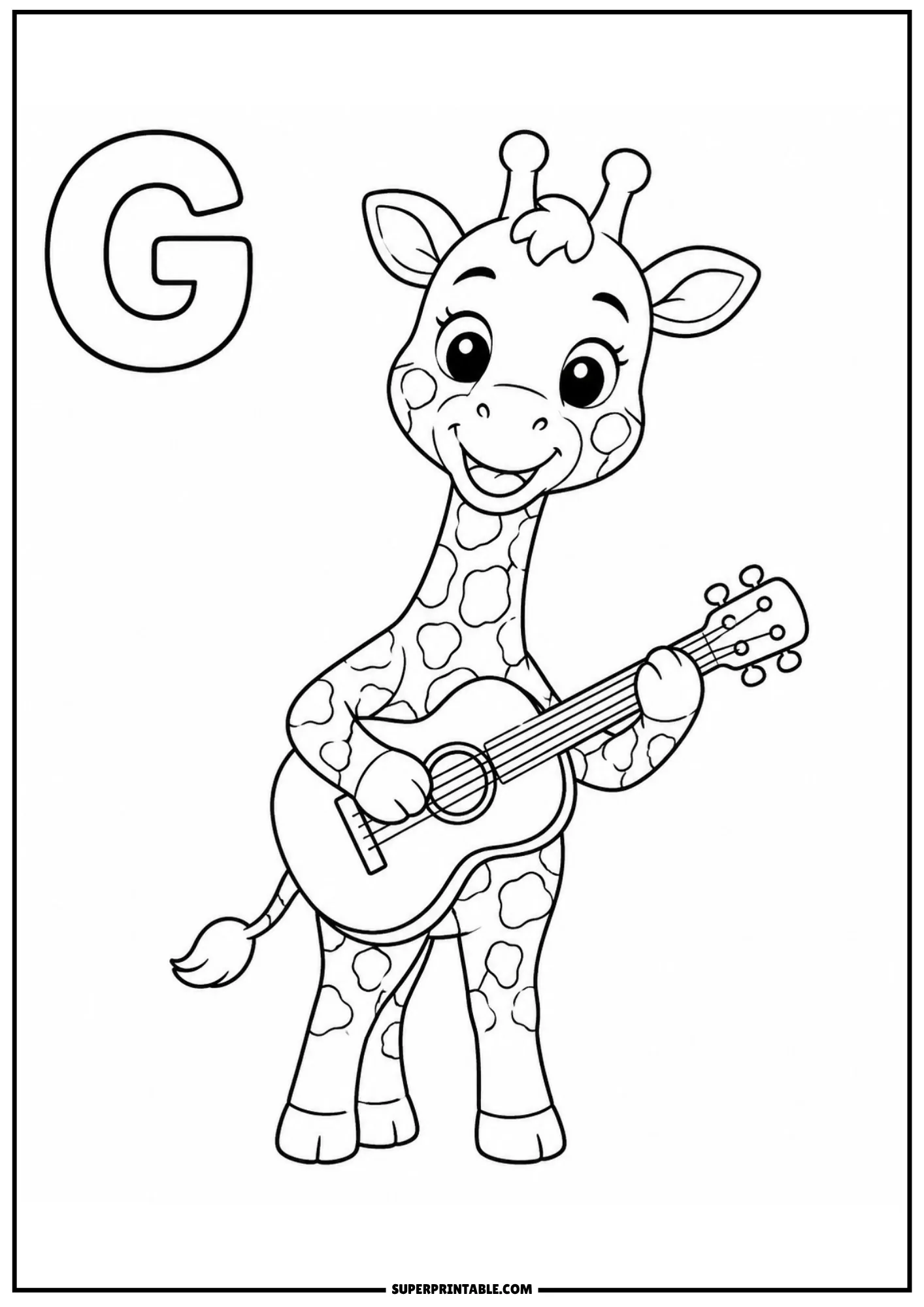 Happy spotted giraffe standing up while strumming an acoustic guitar beside letter G.
