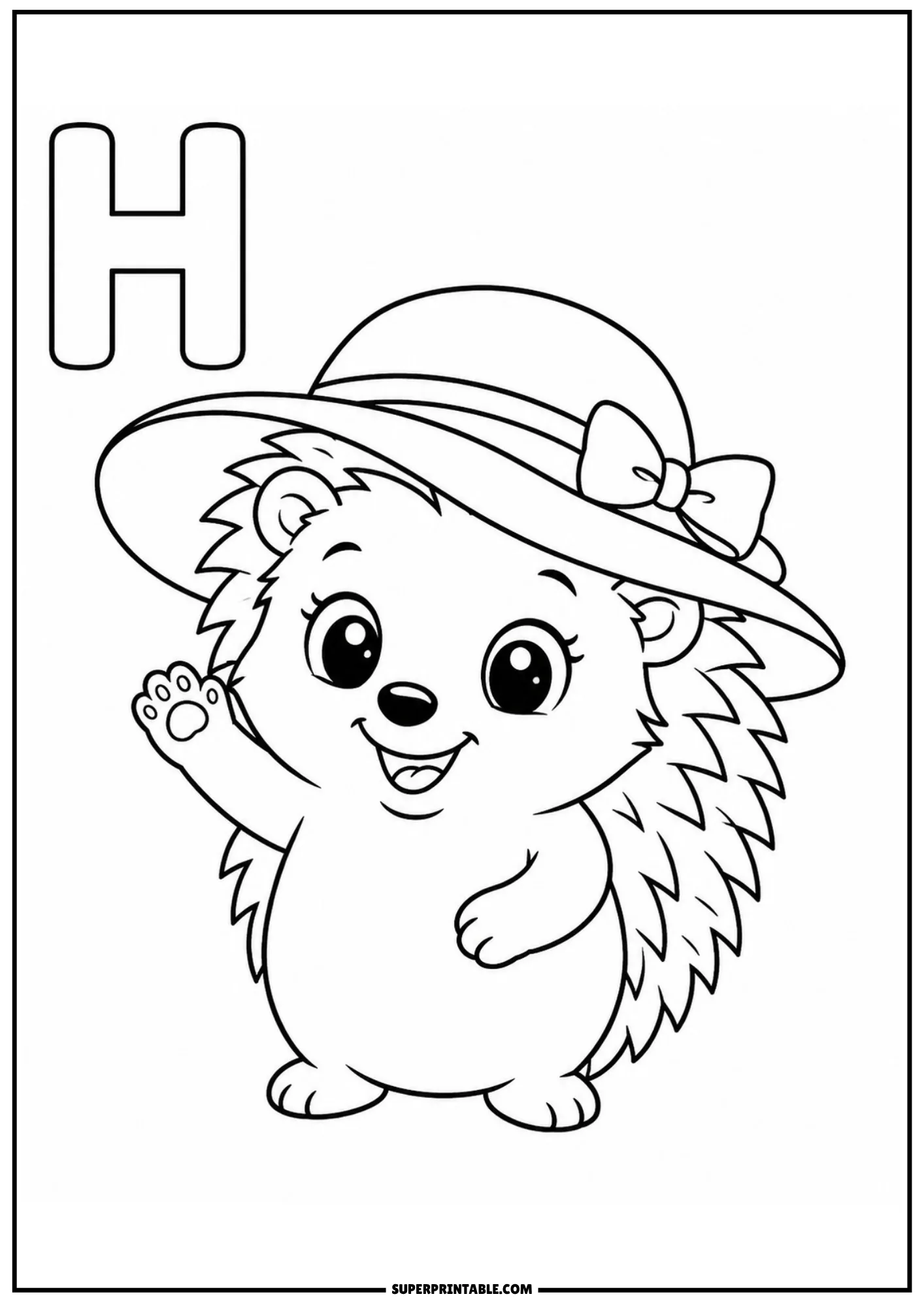 Charming hedgehog wearing a wide sun hat with a bow waving near the capital letter H.