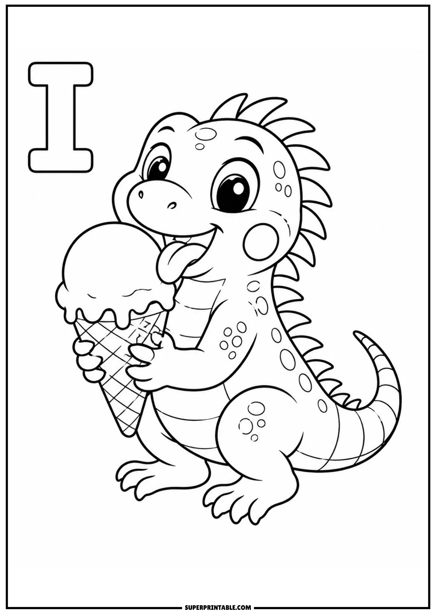 Friendly iguana getting ready to enjoy a big ice cream cone next to the capital letter I.