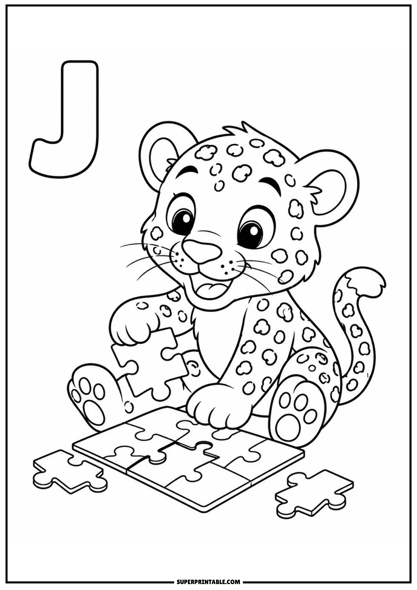 Spotted jaguar cub sitting on the floor assembling a jigsaw puzzle beside letter J.