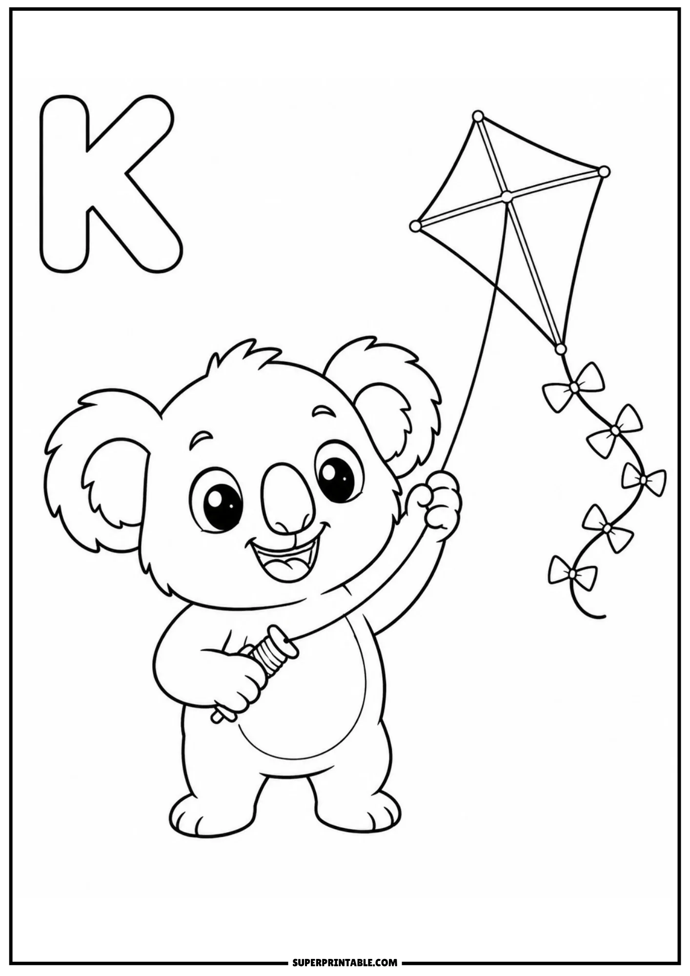 Cute cartoon koala standing up while flying a diamond kite with ribbons next to letter K.