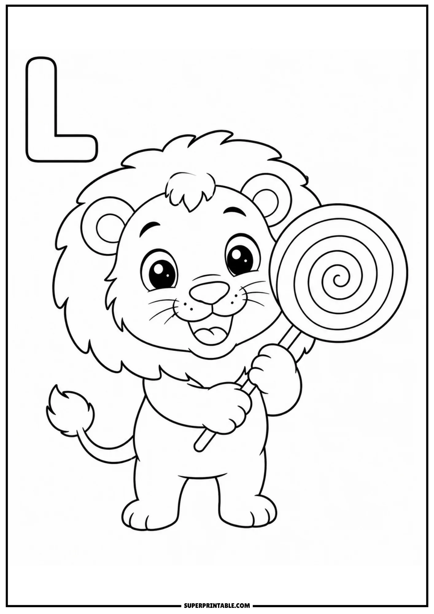 Fluffy baby lion cub standing up and holding a big swirl lollipop beside capital letter L.