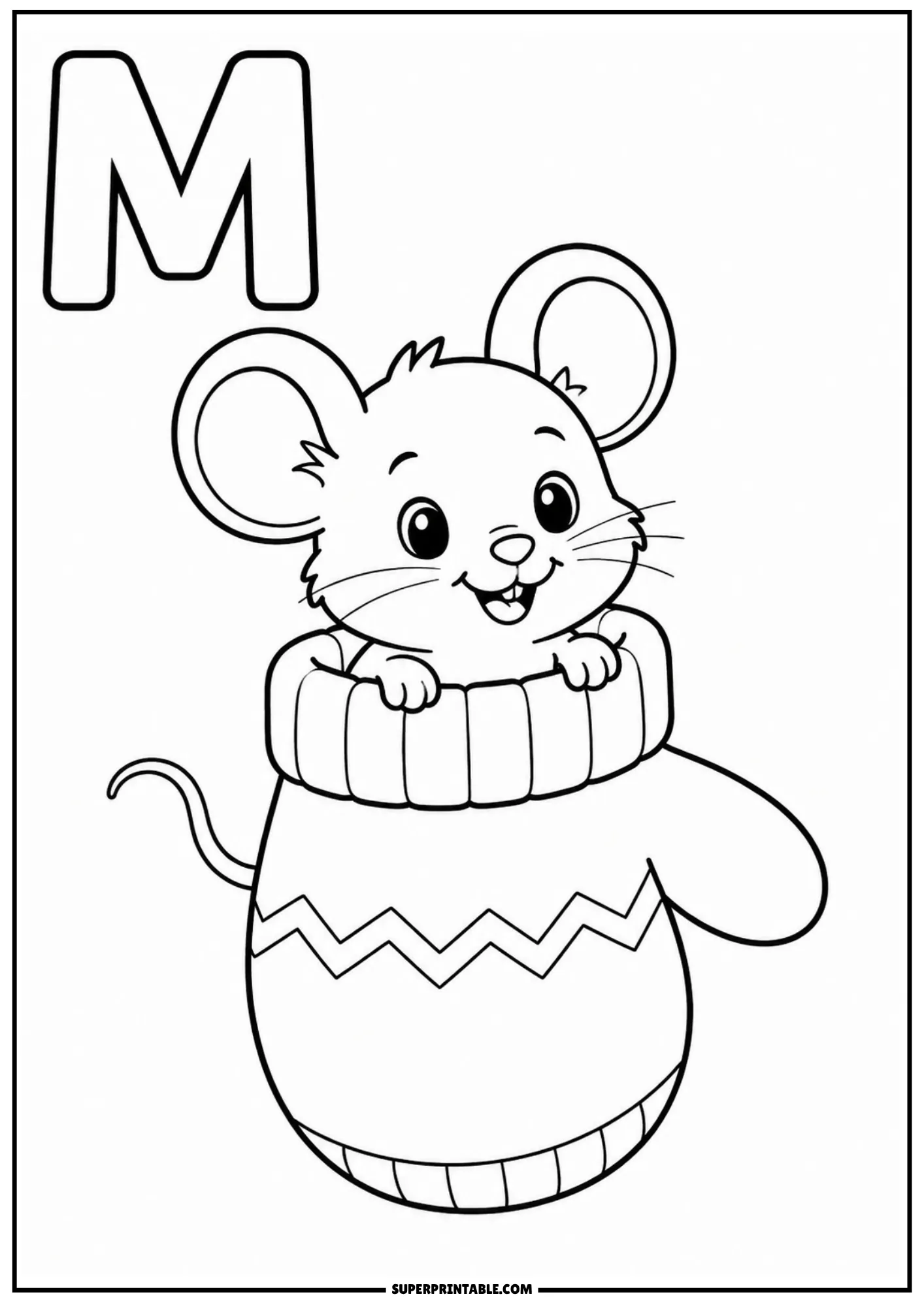 Tiny smiling mouse popping out of a cozy winter mitten next to the capital letter M.