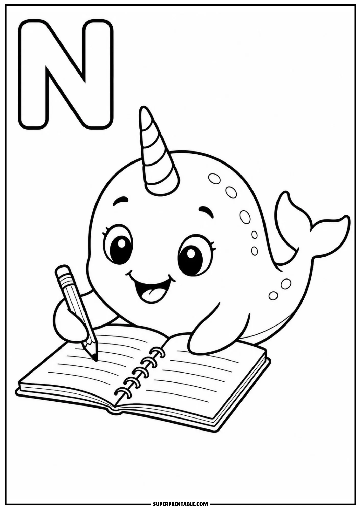 Cute narwhal with spiral tusk writing with a pencil in an open notebook beside letter N.