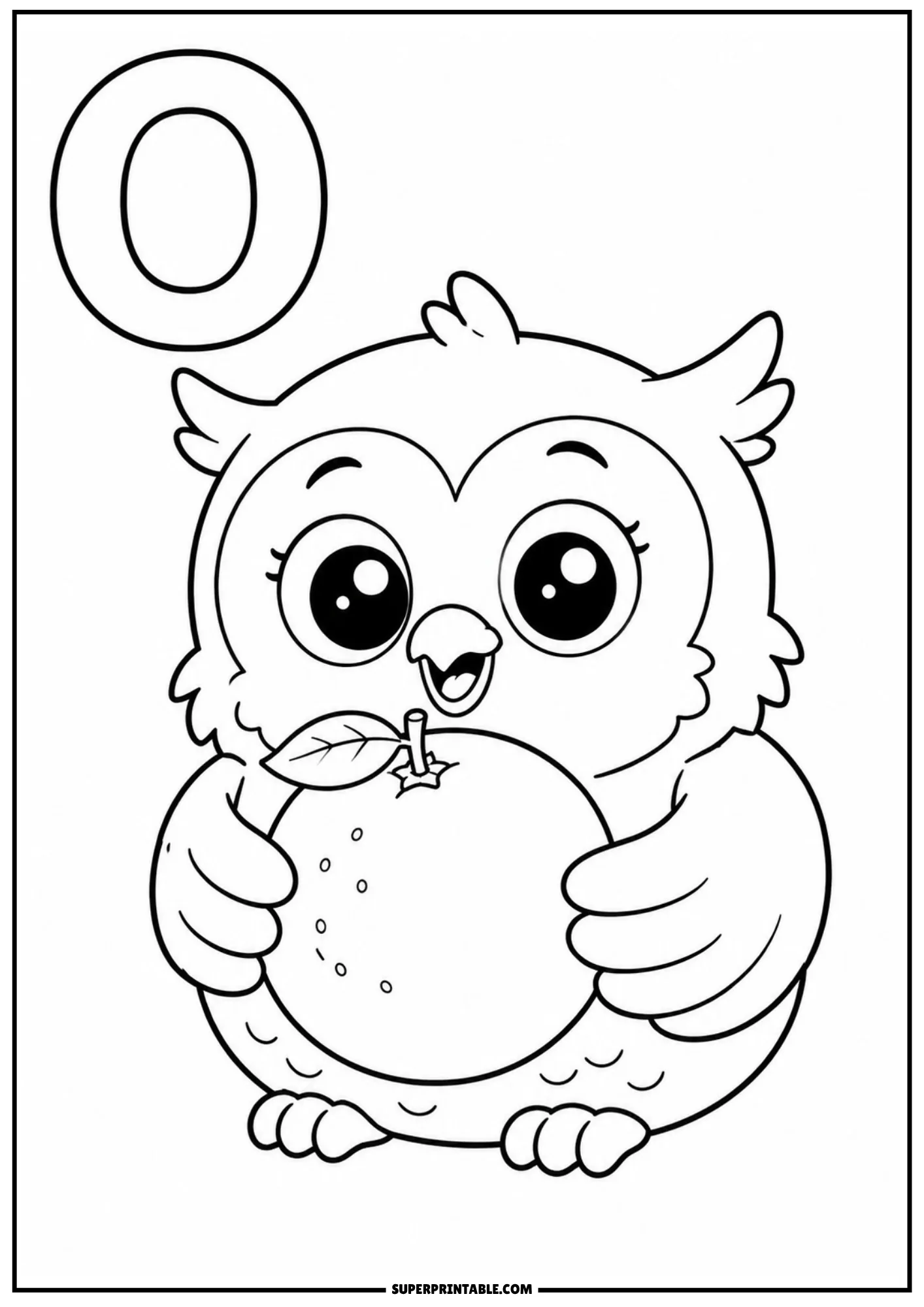 Big-eyed cartoon owl hugging a large round orange fruit near the capital letter O.