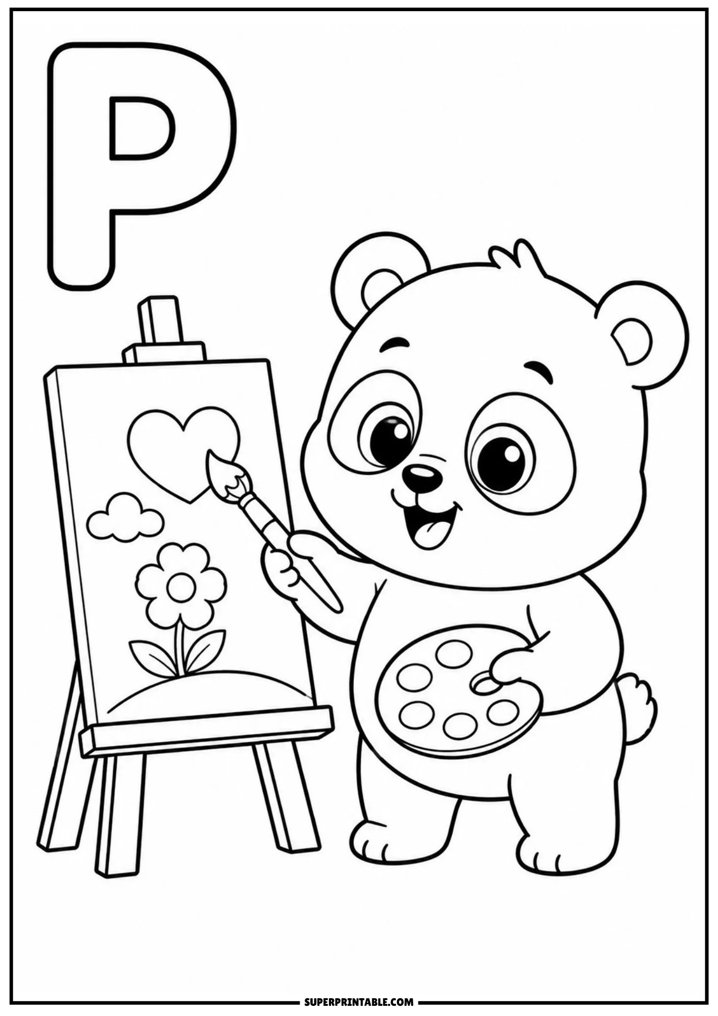 Artistic panda cub holding paintbrush and paint palette in front of an easel near letter P.
