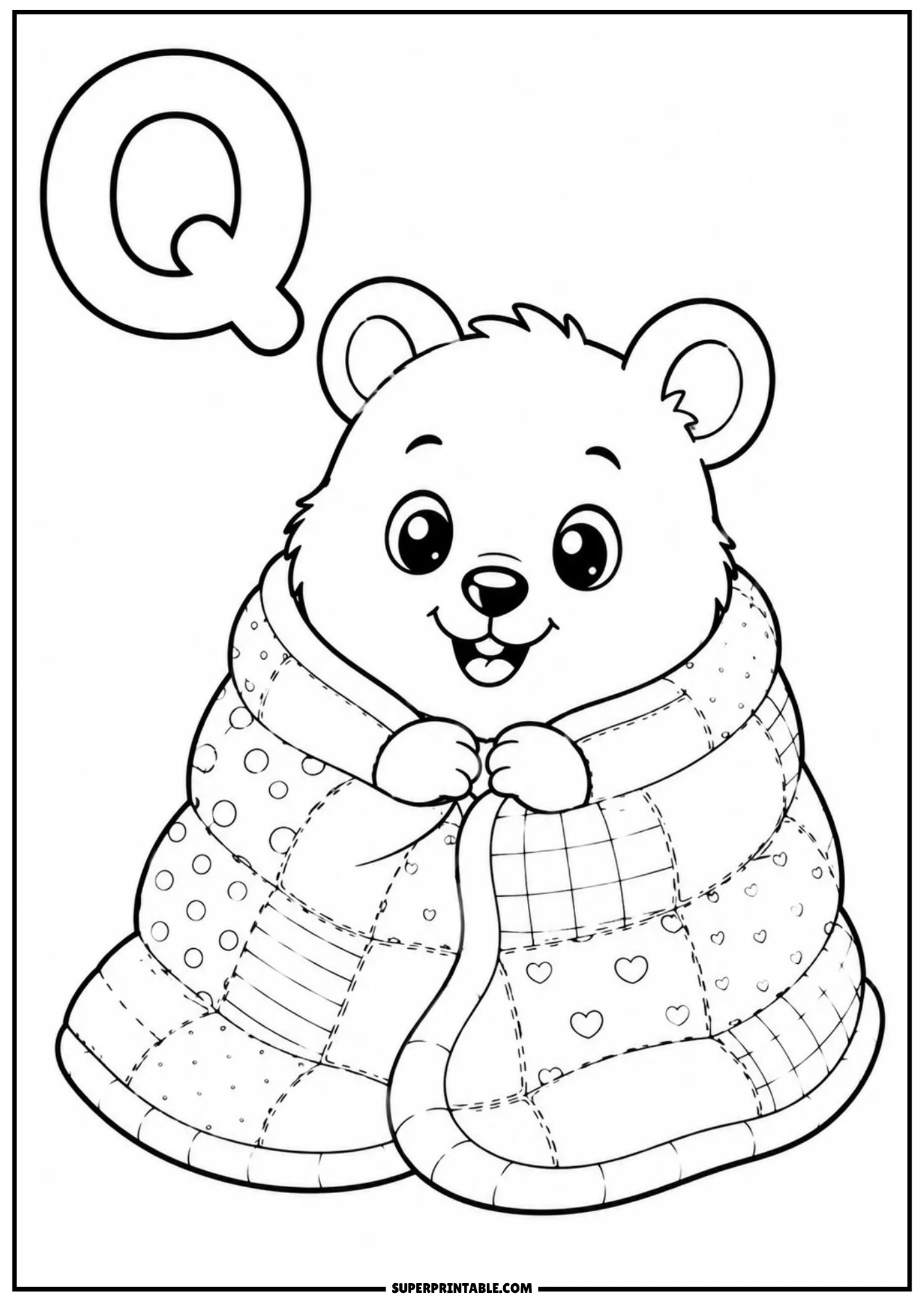 Smiling quokka wrapped snugly inside a warm patchwork quilt beside the capital letter Q.