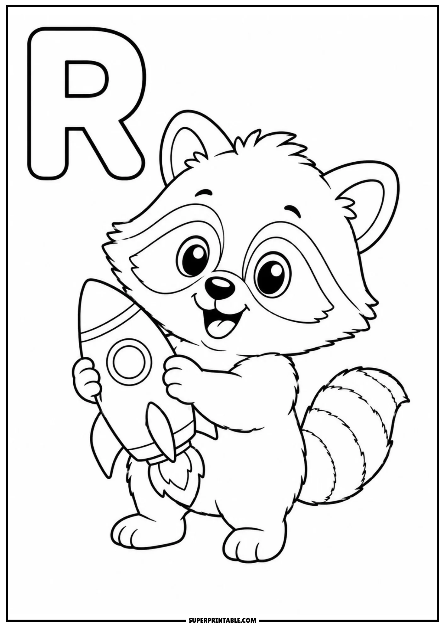Cute cartoon raccoon standing up and holding a toy space rocket beside letter R.