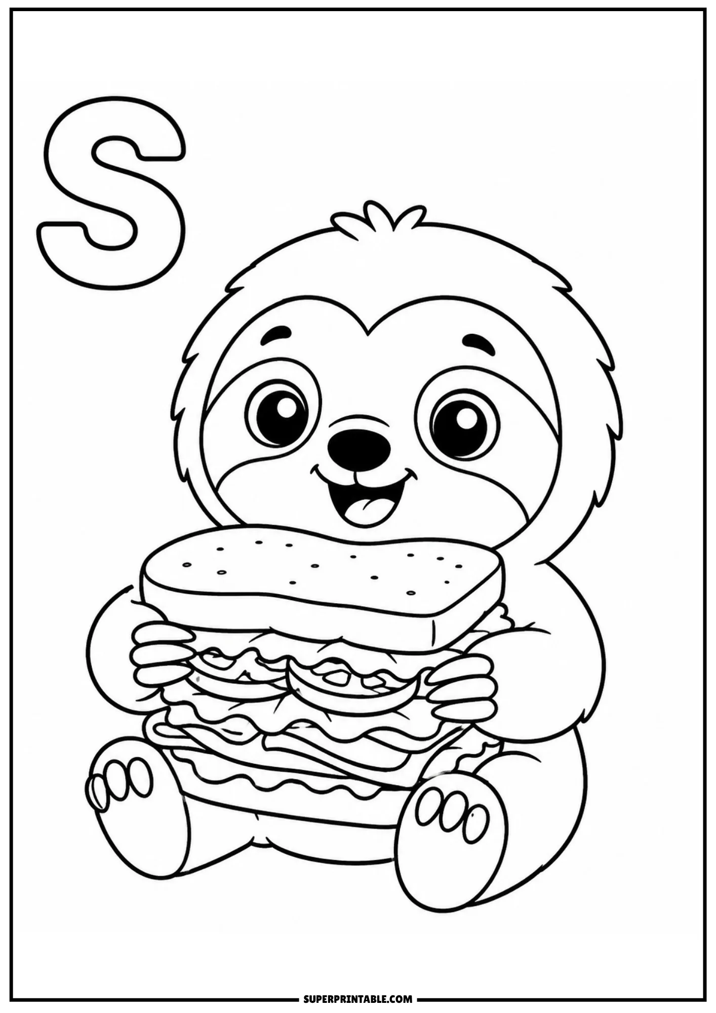 Happy cartoon sloth sitting down and holding a tall stacked sandwich near letter S.