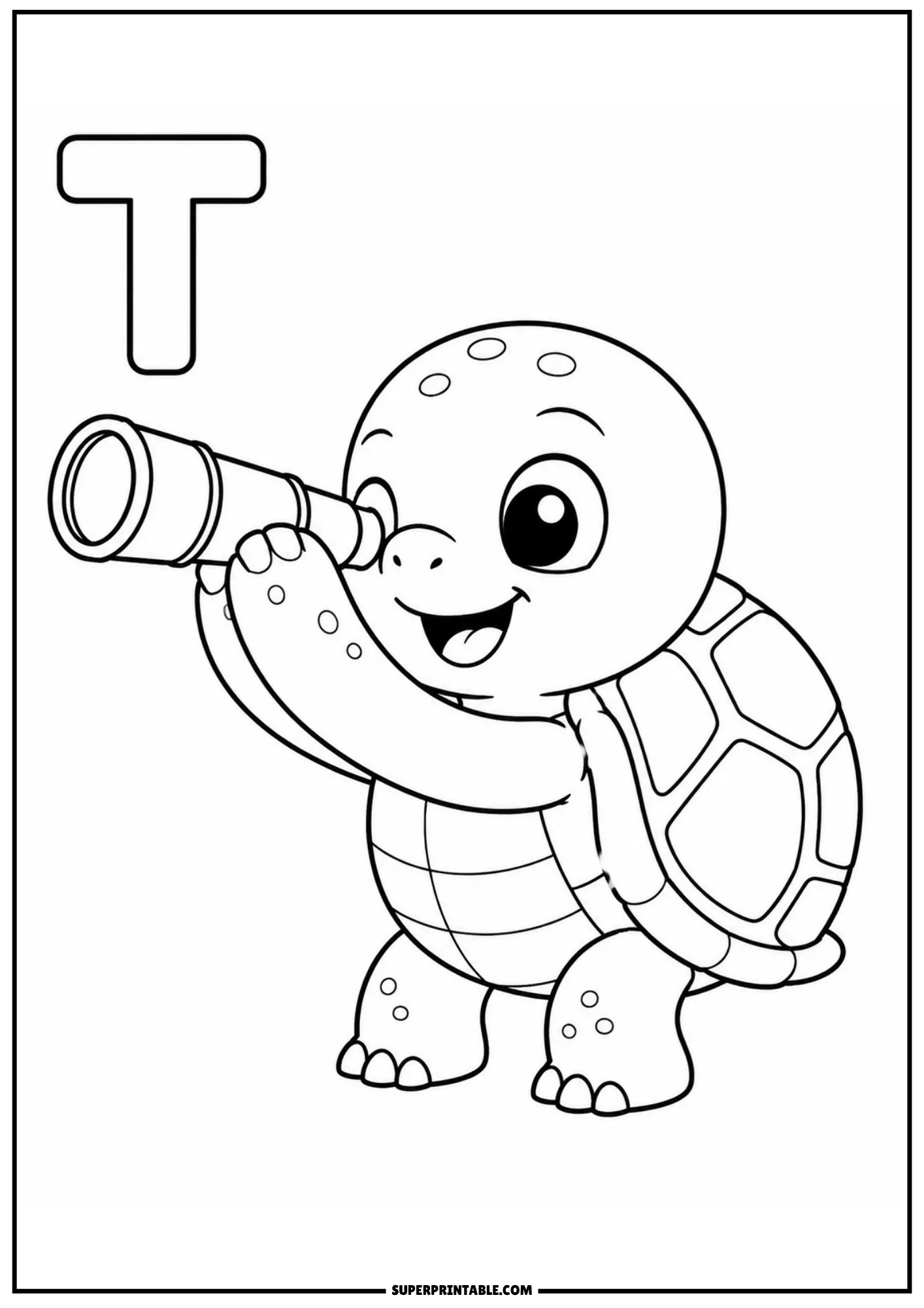 Friendly cartoon turtle looking through a handheld telescope near the capital letter T.