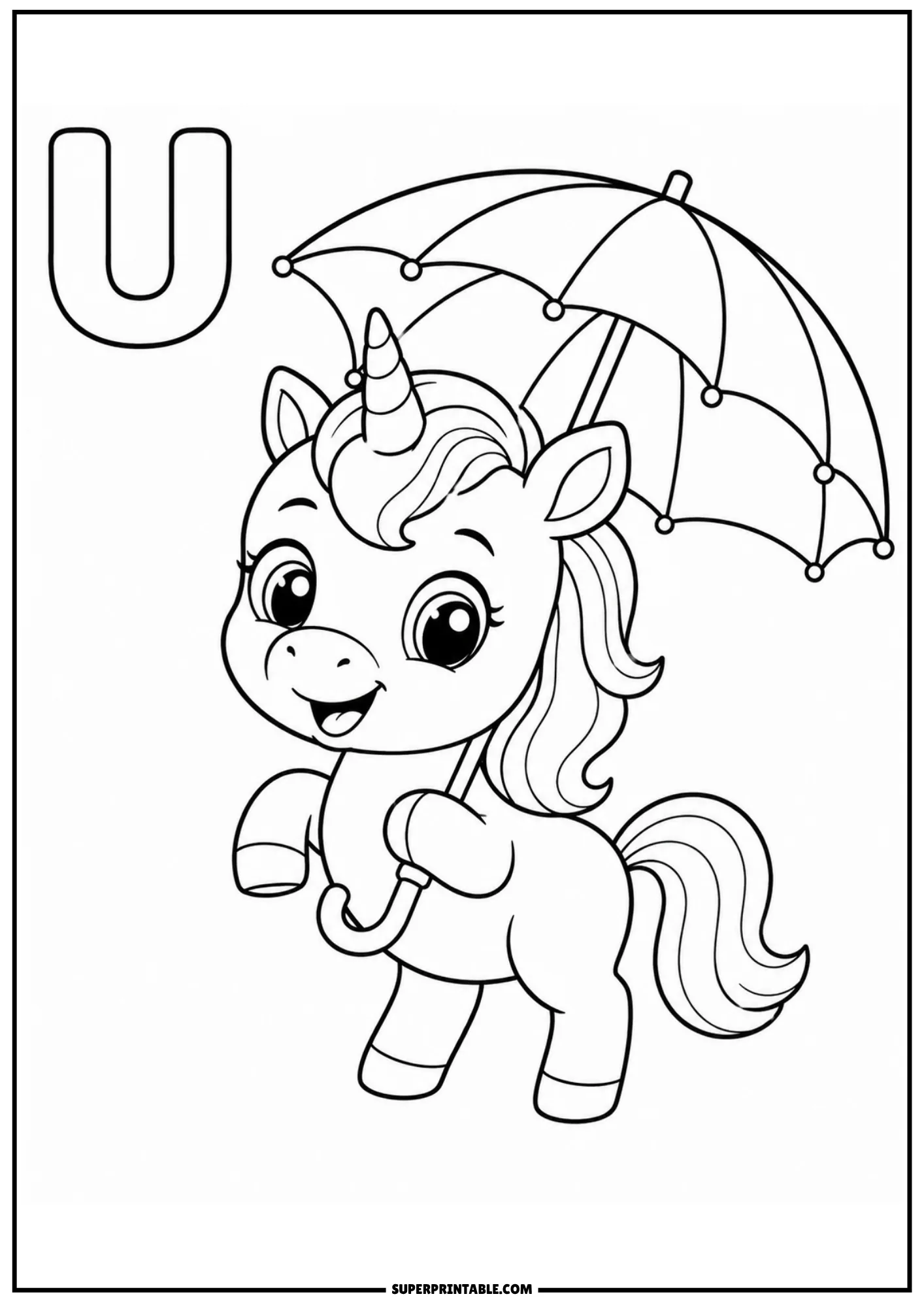 Cute cartoon unicorn holding an open umbrella overhead beside the capital letter U.